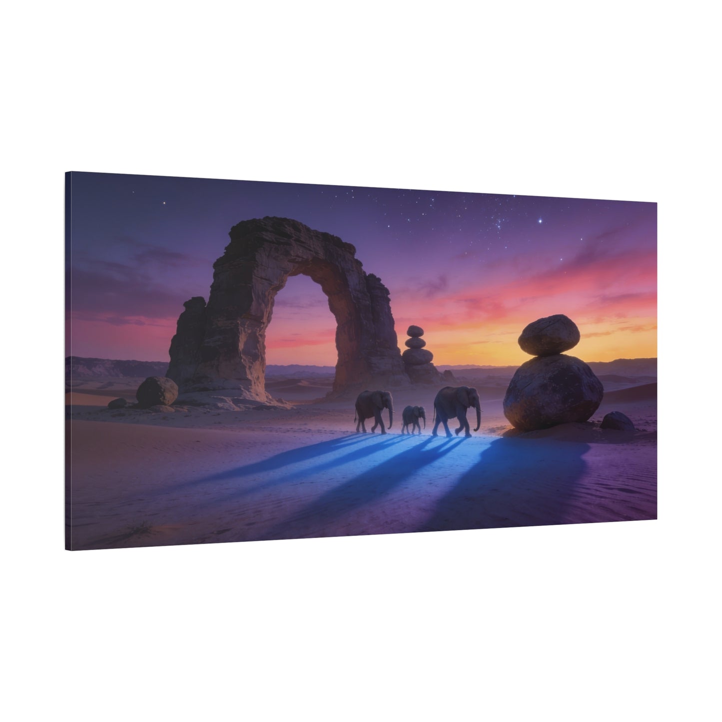 Desert Elephant Canvas Wall Art - Rock Arch Sunset Landscape, Surreal Starry Sky - Matte Cotton Art Print - Contemporary Style, Living Room Wall Decor, Bedroom Home Decoration - Modern Farmhouse Style