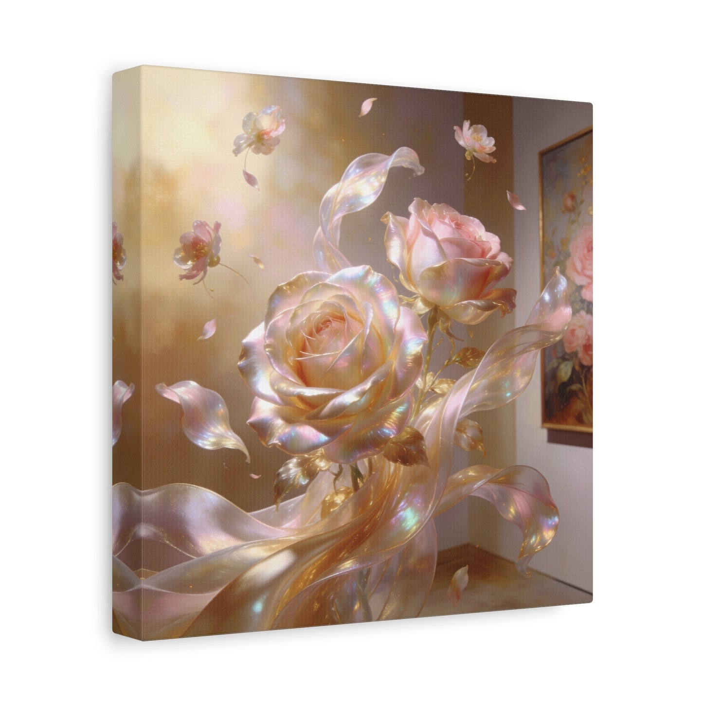 Iridescent Pink Rose Canvas Wall Art - Pearlescent Floral Wall Decor, Dreamy Botanical Home Decoration - Luminous Matte Canvas Print - Romantic Contemporary Style, Bedroom Accent - Ready to Hang