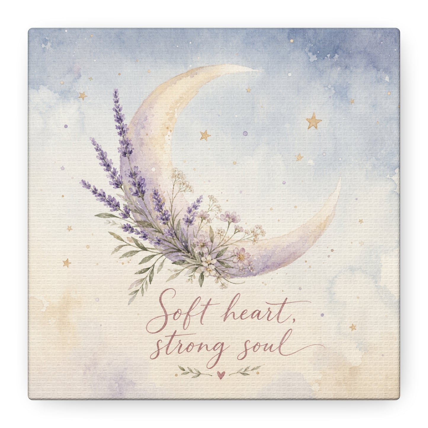 "Soft Heart, Strong Soul" Moon Canvas Wall Art - Lavender Floral Celestial Quote Print - Watercolor Nursery Bedroom Decor - Bohemian Home Decoration - Office Wall Art - Bedroom Home Decoration