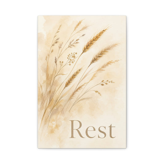"Rest" Botanical Canvas Wall Art - Neutral Wheat Grass Watercolor Print - Minimalist Beige Farmhouse Decor - Bedroom Wall Hanging - Living Room Home Decoration - Meditation Space Accent