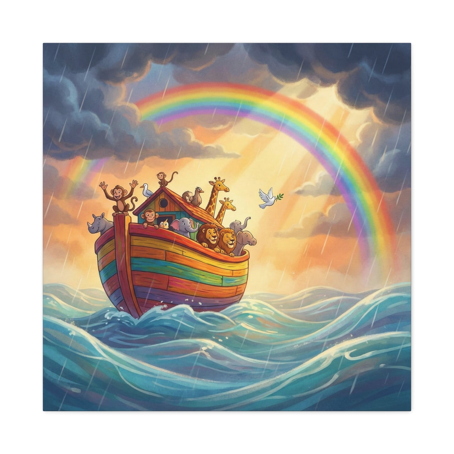 Noahs Ark Canvas Wall Art - Rainbow Animal Boat Nursery Decor - Cotton Canvas Print, Kids Bedroom Home Decoration, Playroom Wall Hanging, Biblical Story Illustration, Classroom Accent - Ready to Hang