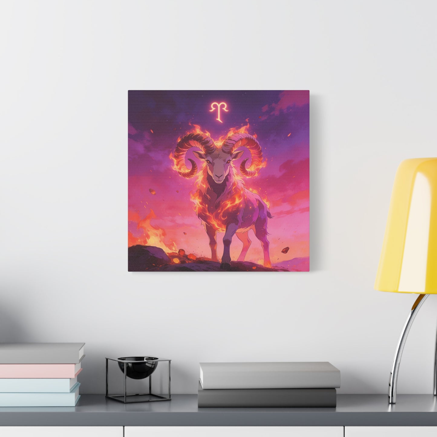 Aries Ram Canvas Wall Art - Fiery Zodiac Illustration, Purple Pink Flame Sky, Matte Canvas Print, Modern Fantasy Style, Bedroom Wall Decor, Home Office Accent, Statement Piece For Astrology Lovers