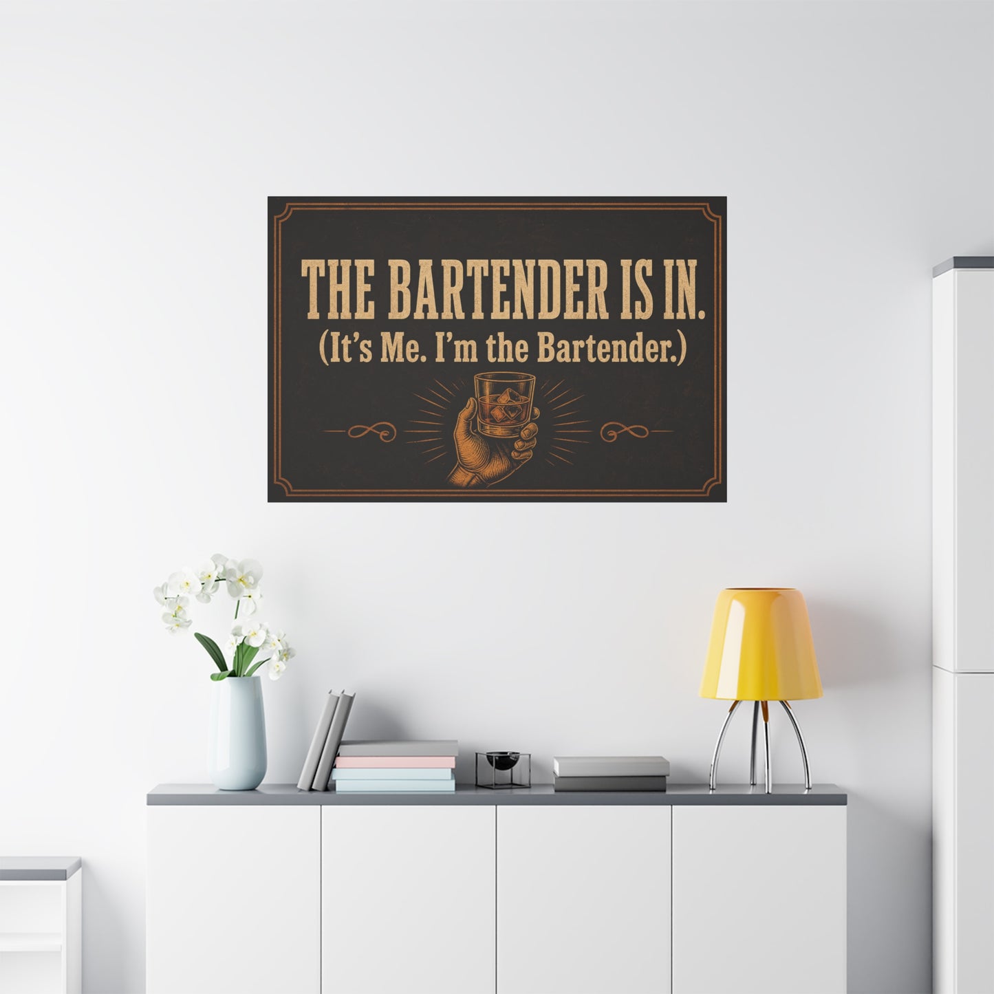 "The Bartender Is In. (It's Me. I'm the Bartender.)" Canvas Wall Art - Vintage Bar Quote Decor, Rustic Typography Print, Speakeasy Style Wall Hanging, Lounge, Home Bar - Ready to Hang - HP Latex Print
