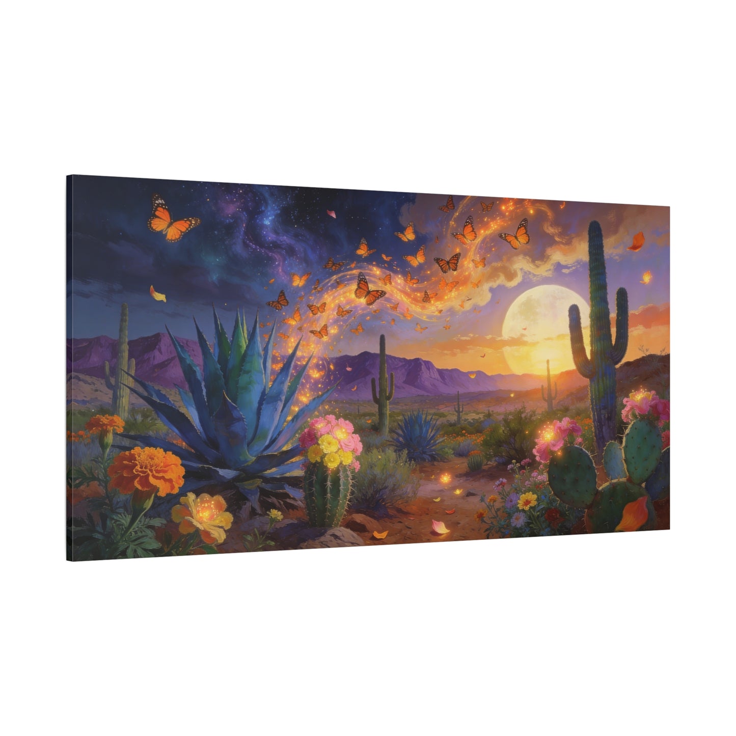 Desert Butterfly Canvas Wall Art - Moonlit Cactus Landscape, Agave And Wildflowers - Surreal Southwestern Style - Cotton Canvas Print - Living Room Wall Decor, Bedroom Accent - Bedroom Home Decoration