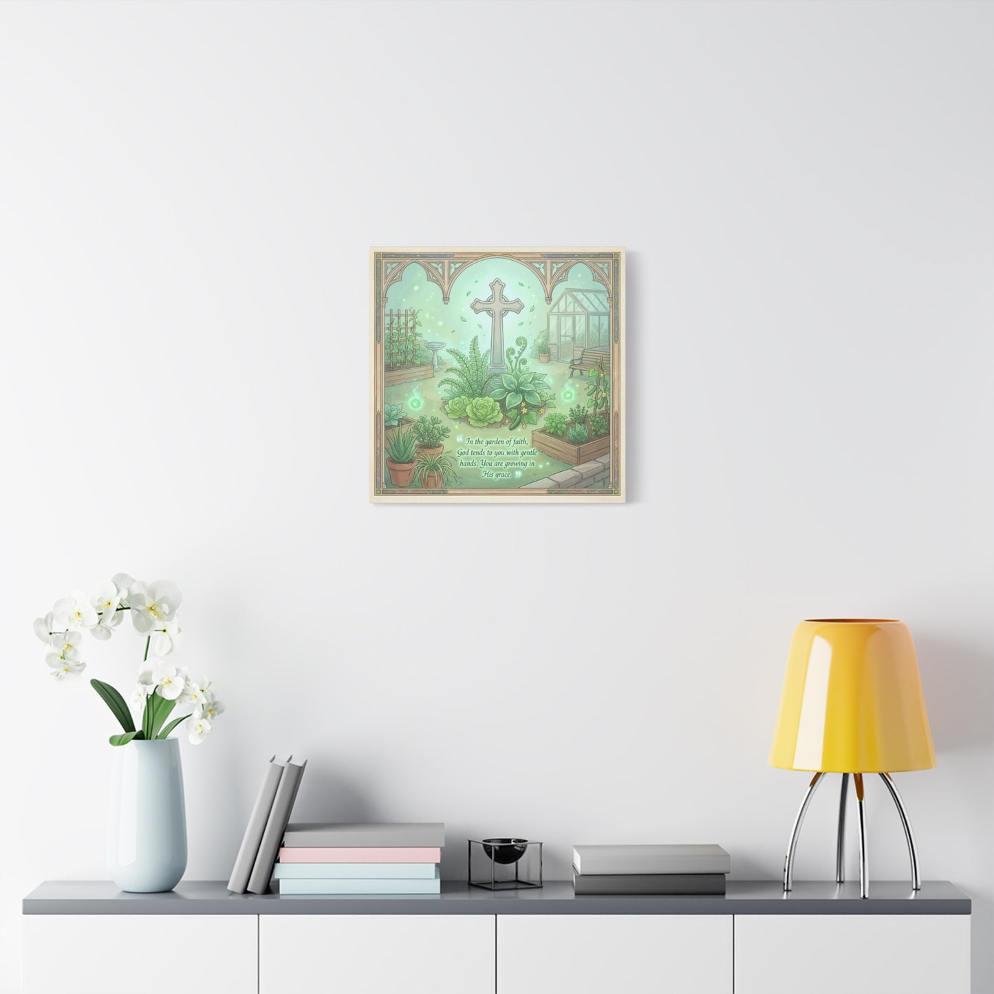 "In The Garden Of Faith" Christian Canvas Wall Art - Cross Garden Quote Print - Botanical Scripture Decor, Matte Cotton Canvas - Traditional Religious Wall Decor For Bedroom Office - Ready to Hang