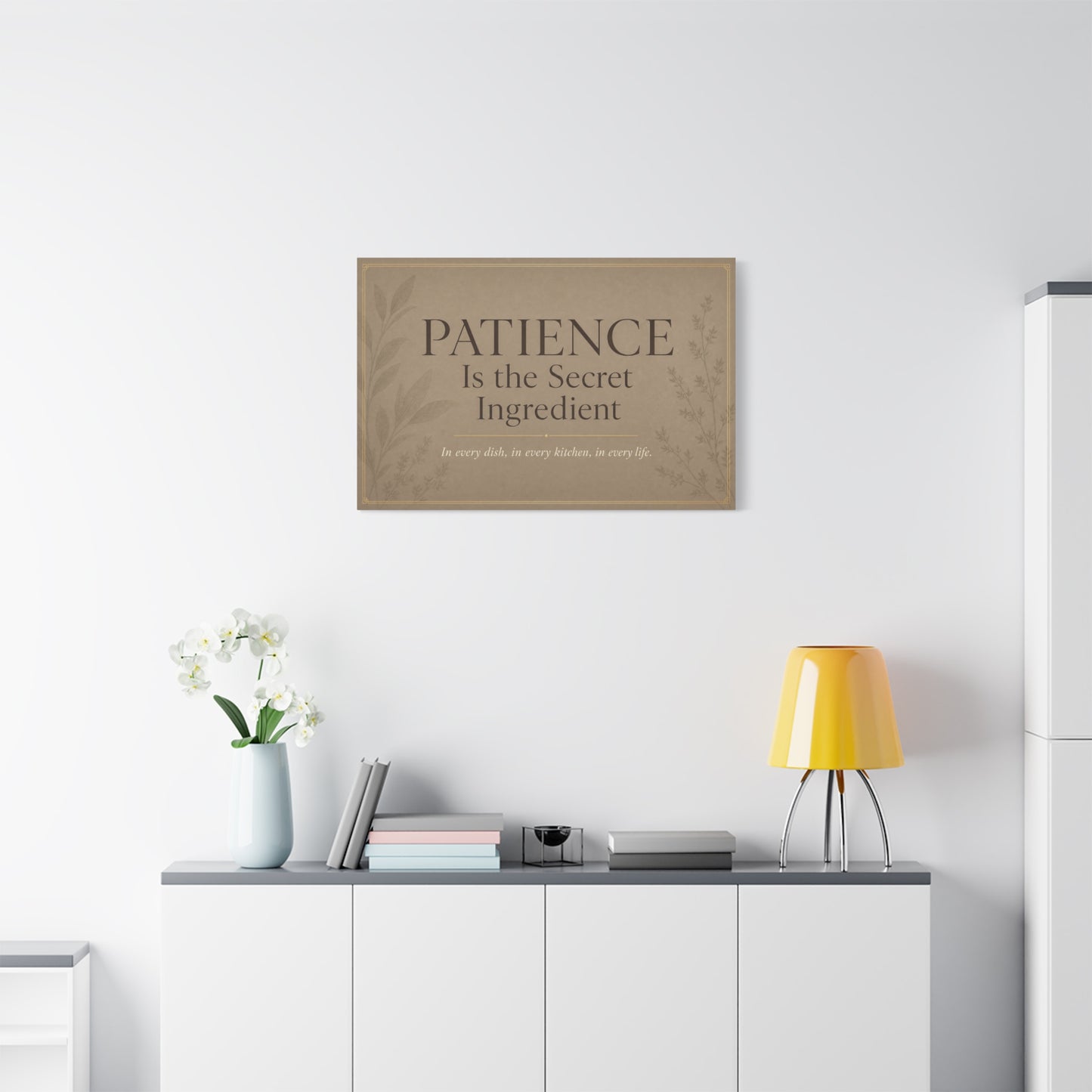 "Patience Is The Secret Ingredient" Kitchen Canvas Wall Art - Neutral Typography Print, Farmhouse Style - Beige Botanical Quote Decor - Dining Room, Kitchen Wall Hanging - Bedroom Home Decoration