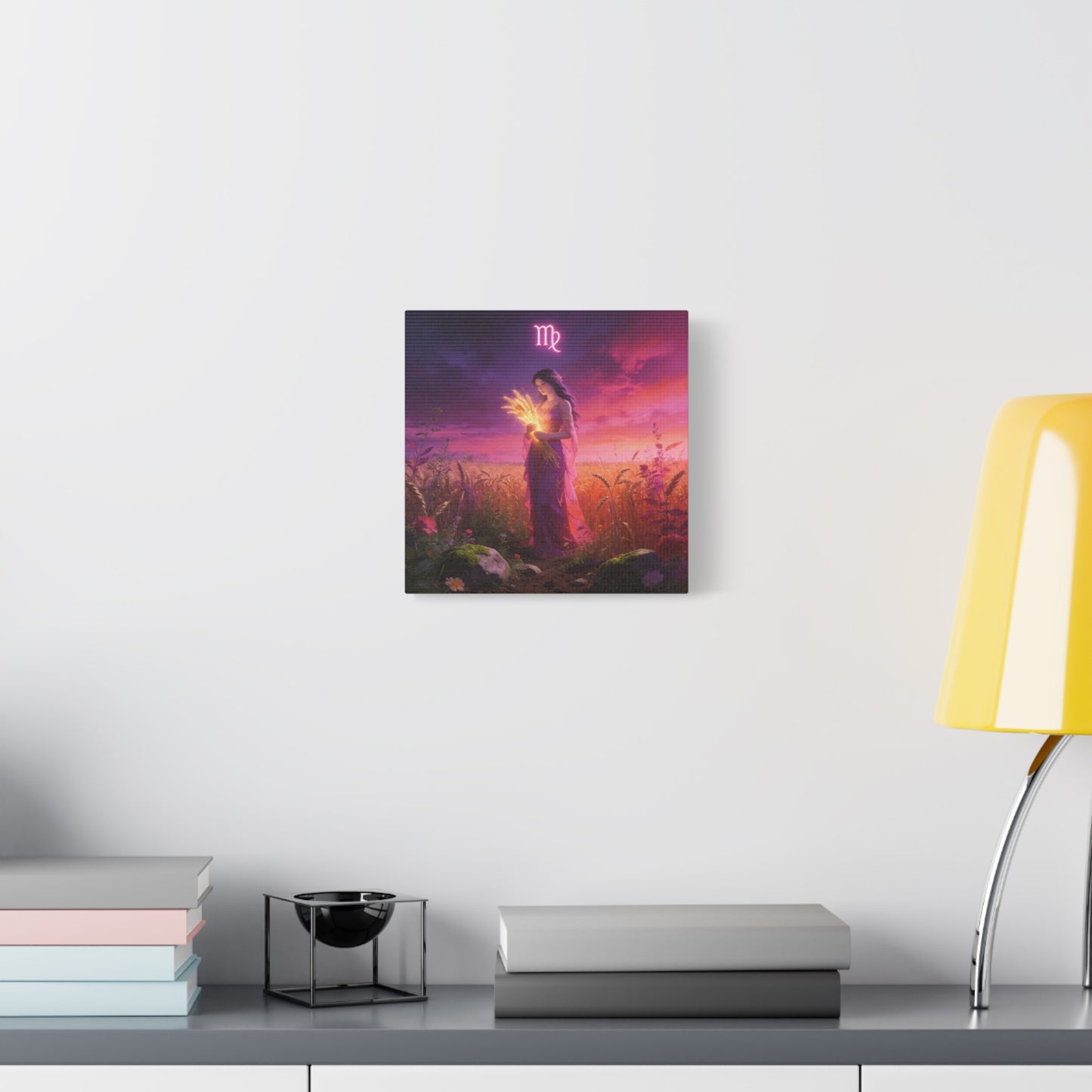 Virgo Zodiac Canvas Wall Art - Maiden Holding Glowing Wheat, Purple Twilight Field - Fantasy Illustration, Matte Canvas Print - Bedroom Wall Decor, Meditation Space Accent - Bedroom Home Decoration