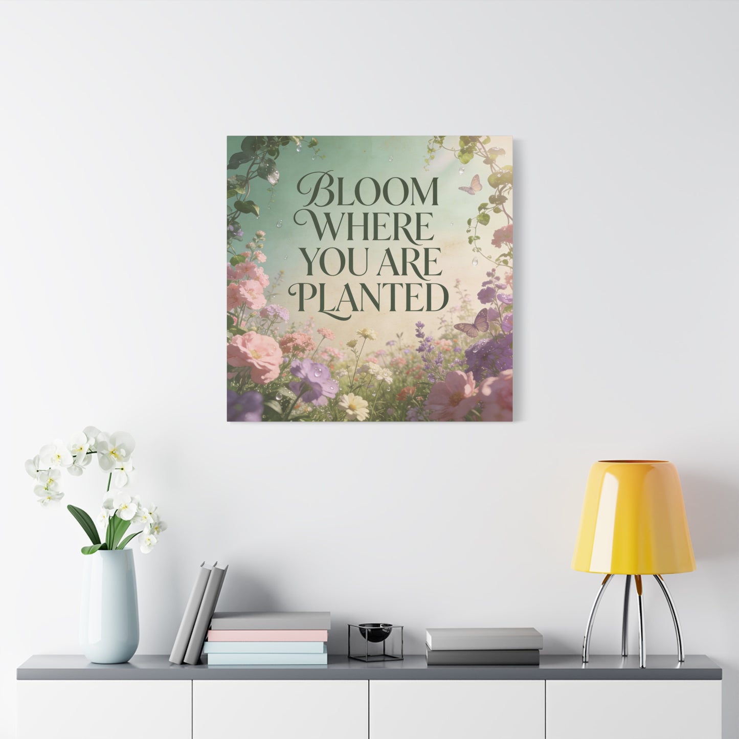 "Bloom Where You Are Planted" Inspirational Canvas Wall Art - Floral Butterfly Quote Print, Pastel Garden Typography Decor, Modern Farmhouse Style, Bedroom Home Decoration - Living Room Wall Decor