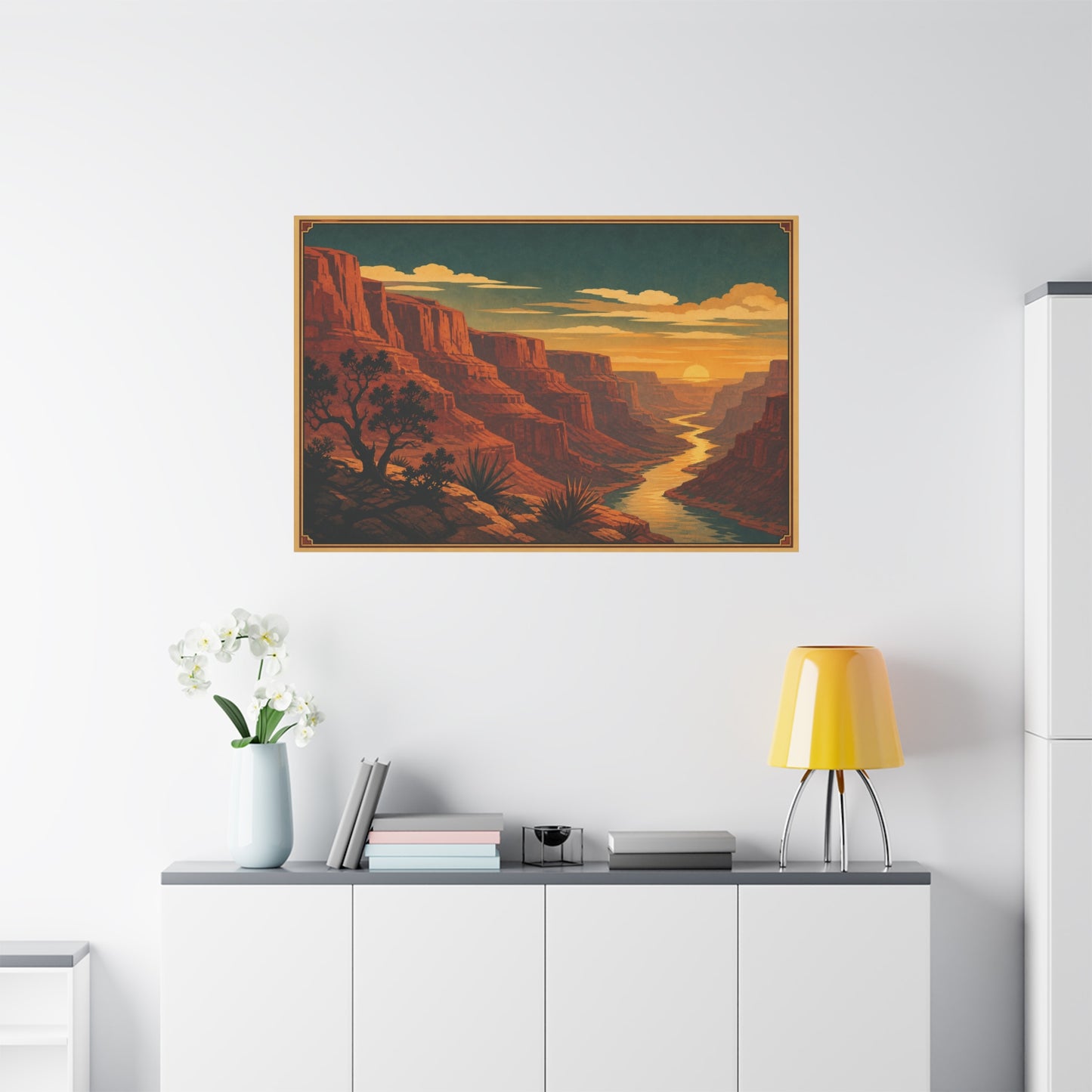 Desert Canyon Sunset Canvas Wall Art - Southwestern River Landscape Print, Vintage Travel Style - Golden Sky, Rustic Home Decor, Living Room Decoration - Ready to Hang - Living Room Wall Decor