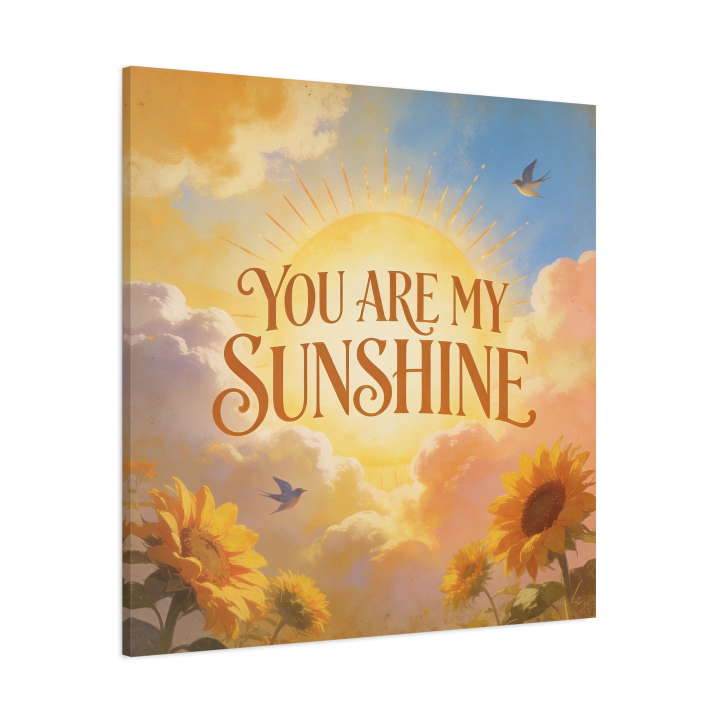"You Are My Sunshine" Sunflower Canvas Wall Art - Vintage Typography Sky, Birds - Inspirational Farmhouse Style - Living Room Wall Decor, Bedroom Home Decoration, Office Art Accent - Ready to Hang