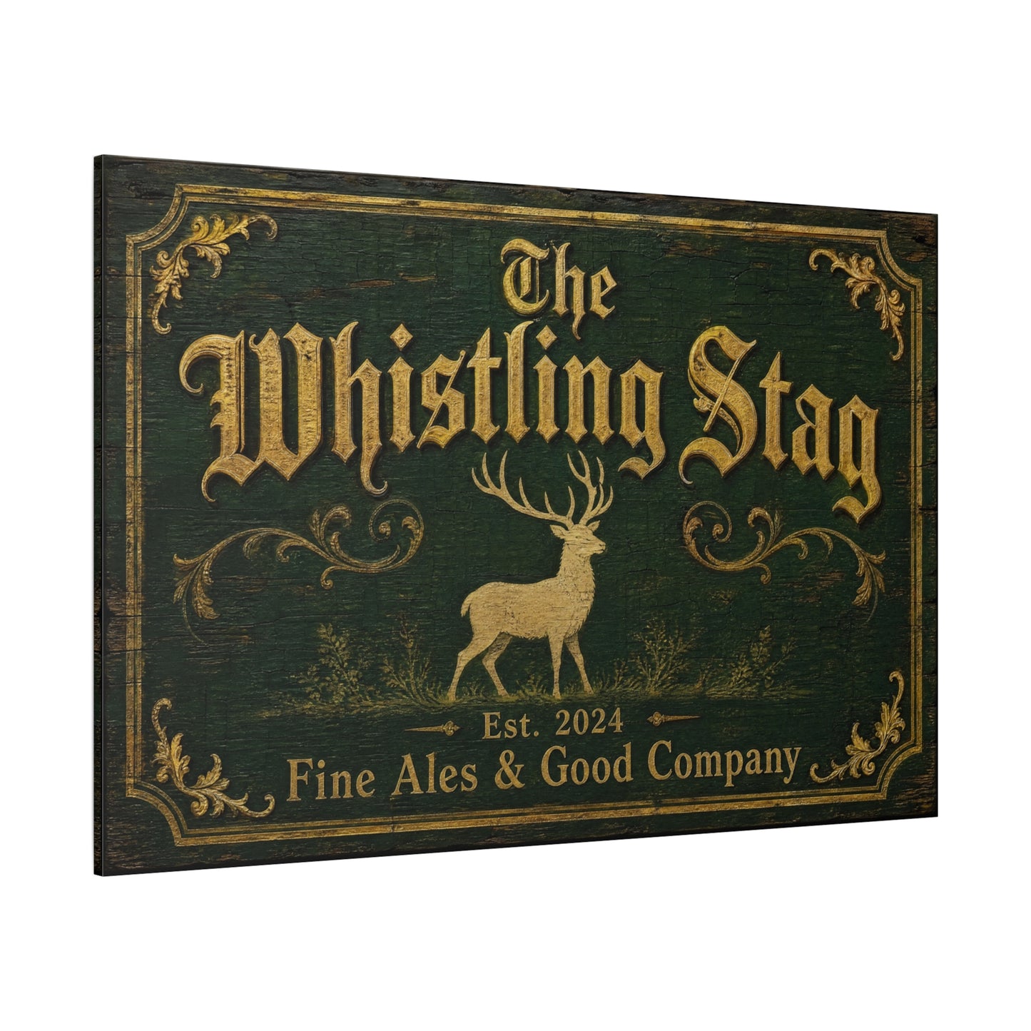 "The Whistling Stag" Canvas Wall Art - Vintage Deer Tavern Sign, Rustic Typography Print - Woodland Pub Style, Green And Gold - Bar Cart Accent - Ready to Hang - Pub Wall Art - Cocktail Lounge Decor