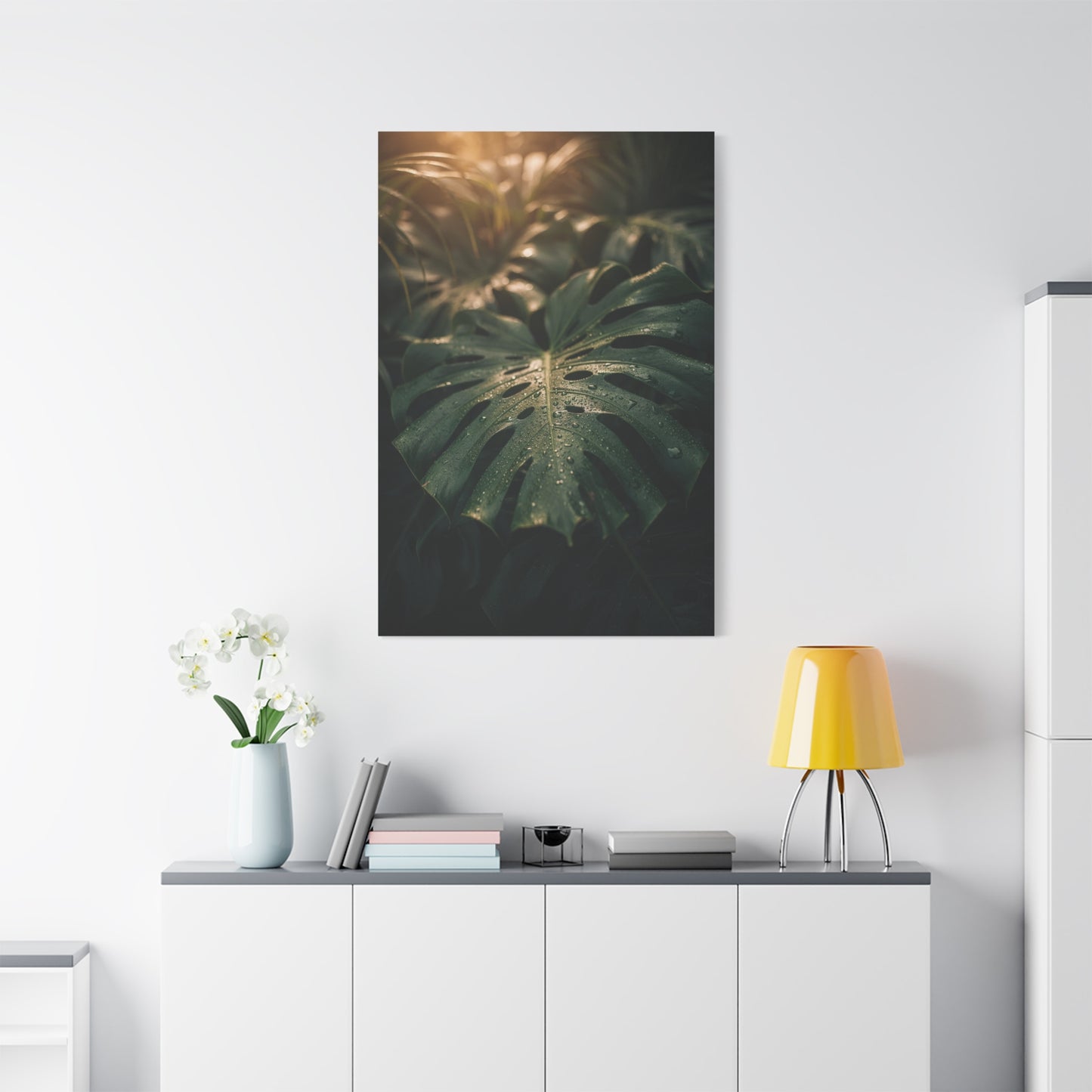 Monstera Leaf Canvas Wall Art - Tropical Botanical Art Print, Moody Green Foliage - Matte Cotton Canvas Print - Bedroom Wall Decor, Bathroom Home Decoration, Spa Style Accent - Cozy Reading Nook Art
