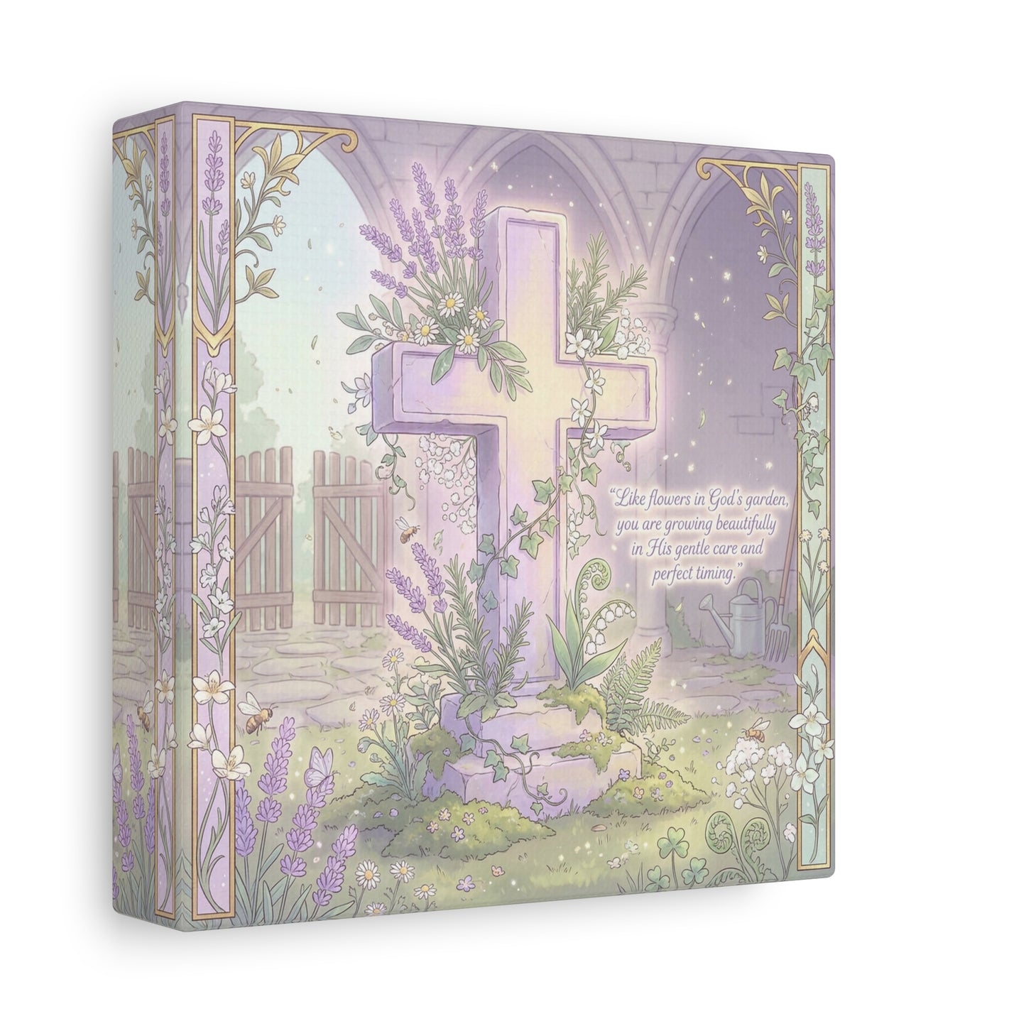 "Like Flowers In God's Garden, You Are Growing Beautifully" Christian Canvas Wall Art - Floral Cross Scripture Decor - Lavender Garden Illustration - Bedroom Home Decoration, Living Room Accent