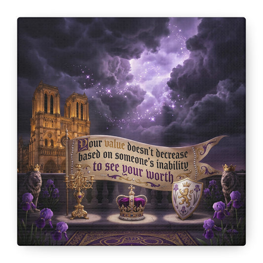 "Your Value Doesn't Decrease Based On Someone's Inability To See Your Worth" Canvas Wall Art - Gothic Cathedral, Purple Sky, Crown And Lions - Inspirational Home Decor - Living Room Bedroom