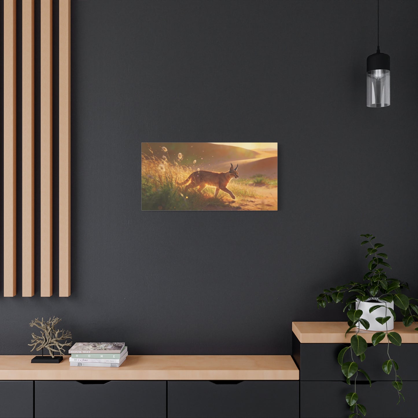Caracal Canvas Wall Art - Golden Desert Wildlife Scene, Sunlit Grassland Illustration - Matte Cotton Art Print, Contemporary Nature Decor - Living Room Accent, Bedroom Decoration - Ready to Hang