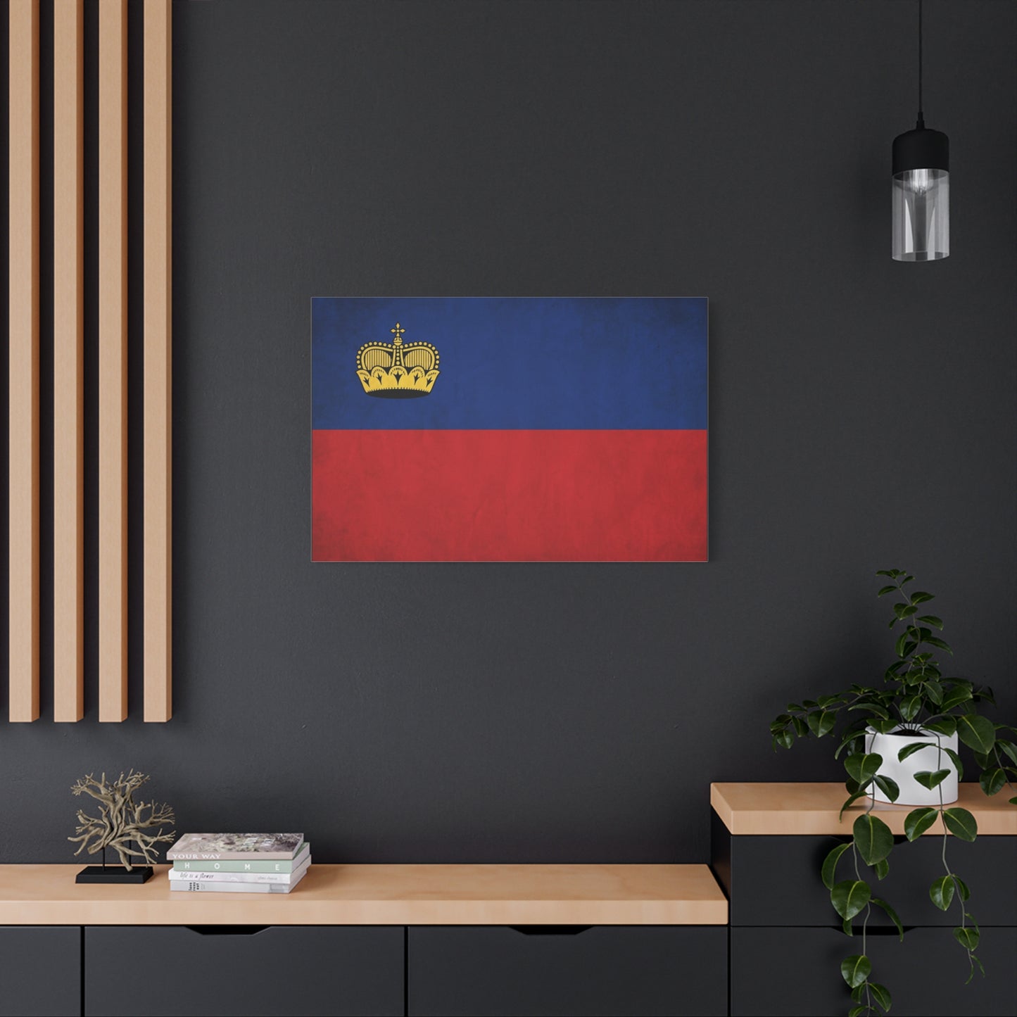 Liechtenstein Flag Canvas Wall Art - Blue Red Banner With Gold Crown - Minimalist National Print, Cotton Canvas Decor - Living Room Wall Decor, Bedroom Home Decoration - Bedroom Home Decoration