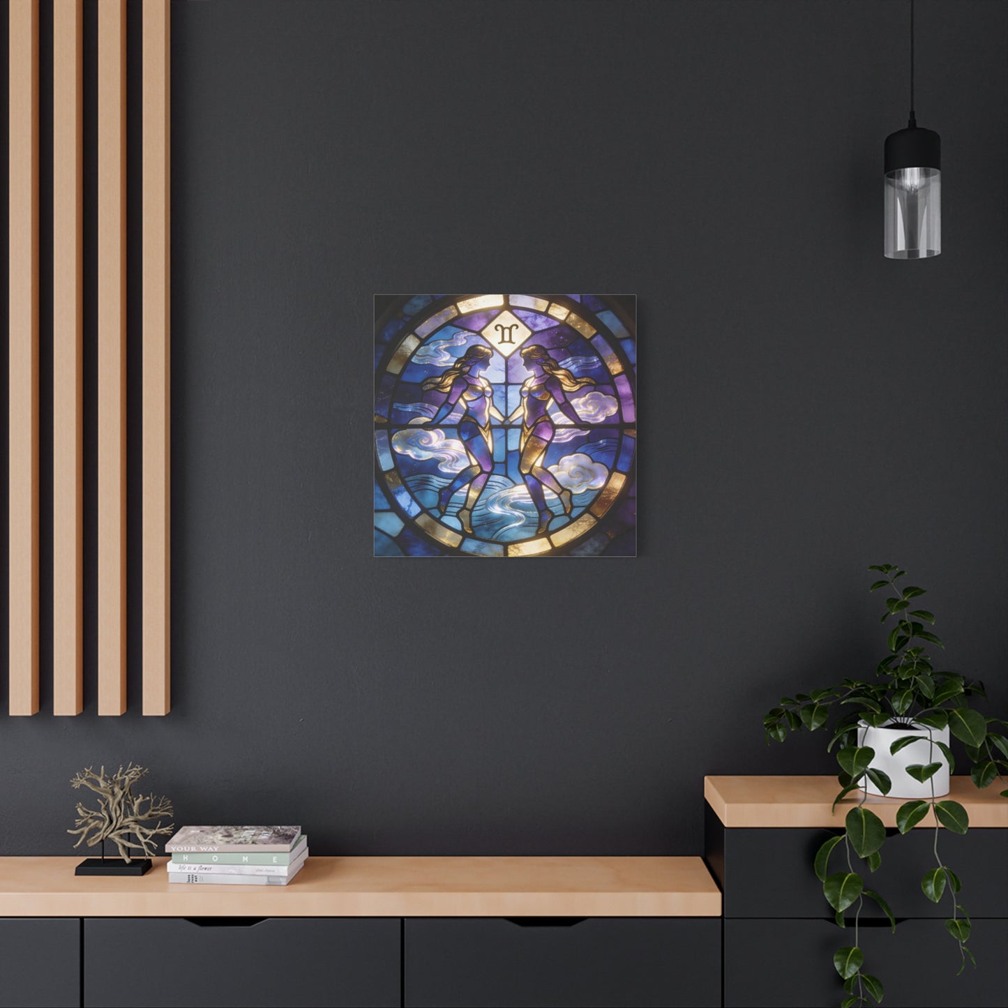 Gemini Zodiac Canvas Wall Art - Stained Glass Twin Women Celestial Print, Blue Purple Gold Astrology Decor - Modern Mystical Artwork - Bedroom Home Decoration Office Wall Art - Bedroom Home Decoration
