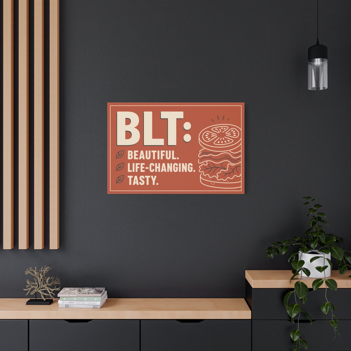 "BLT: Beautiful. Life-Changing. Tasty." Canvas Wall Art - Retro Sandwich Decor - Typography Food Illustration - Modern Farmhouse Style - Deli Wall Decor - Sandwich Shop Sign - Gallery Wrapped Canvas