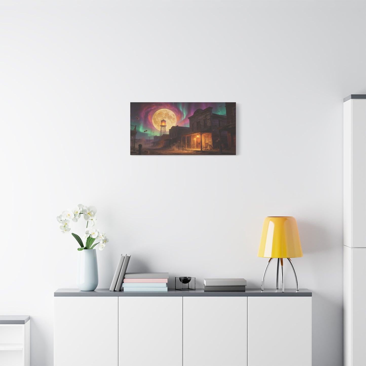 Moonlit Western Town Canvas Wall Art - Surreal Desert Street, Water Tower, Aurora Sky - Matte Cotton Art Print - Vintage Frontier Style, Living Room Wall Decor Office Accent - Bedroom Home Decoration