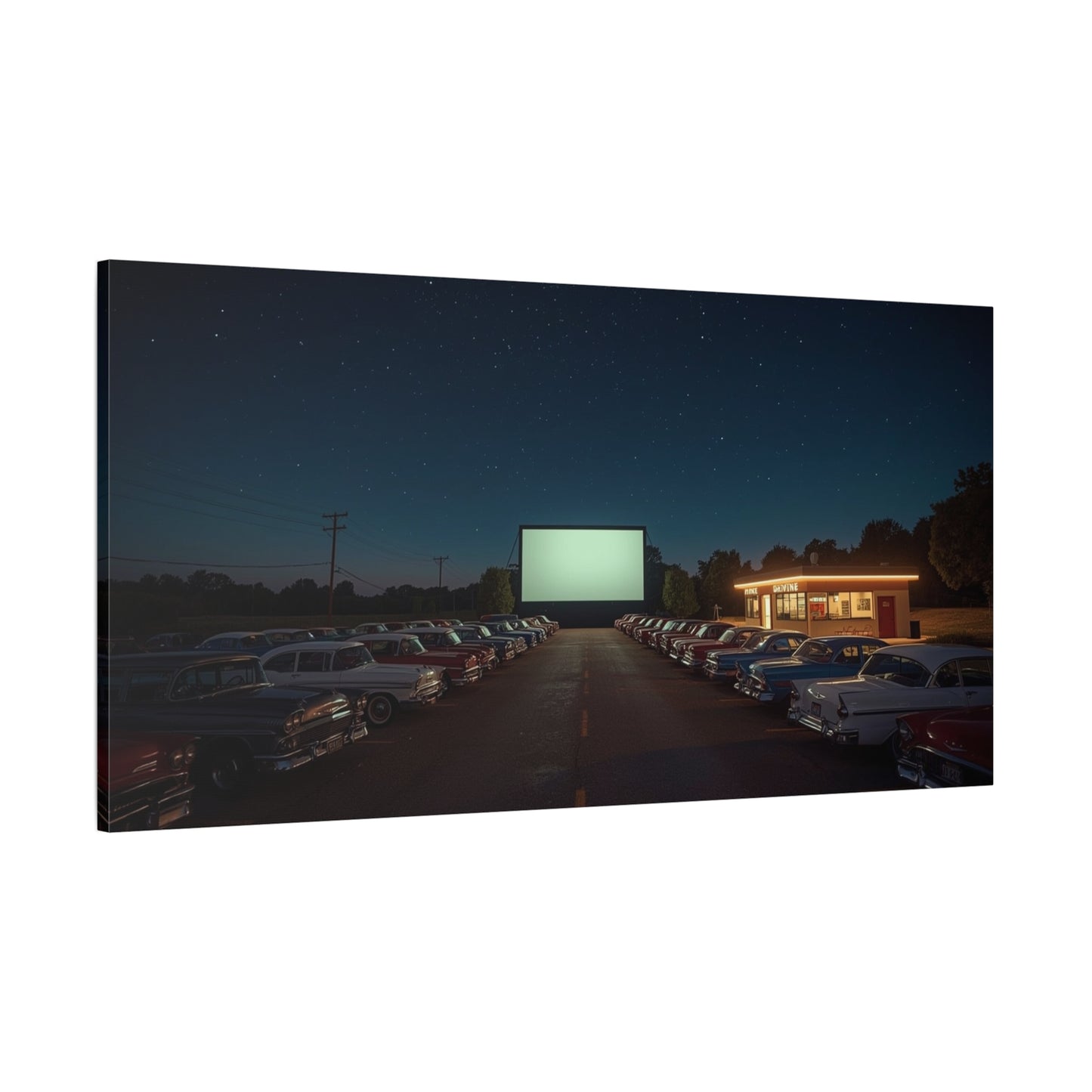 Vintage Drive-In Theater Canvas Wall Art - Starry Night Cinema Parking Lot, Retro Americana Art Print - Moody Contemporary Style - Living Room Wall Decor, Office Art - Bedroom Home Decoration