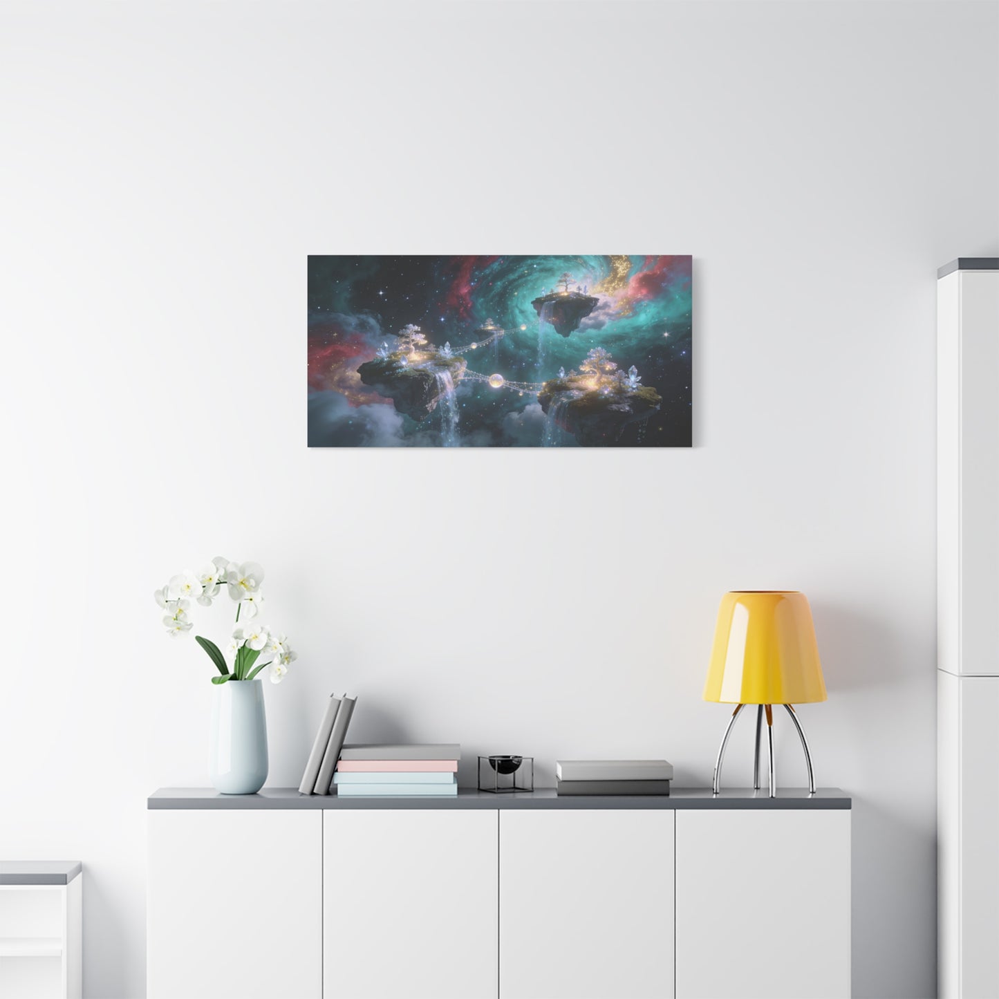 Floating Islands Canvas Wall Art - Fantasy Galaxy Sky, Waterfalls, Crystal Trees - Dreamlike Cosmic Landscape Canvas Print - Contemporary Wall Decor For Living Room Bedroom Office - Ready to Hang