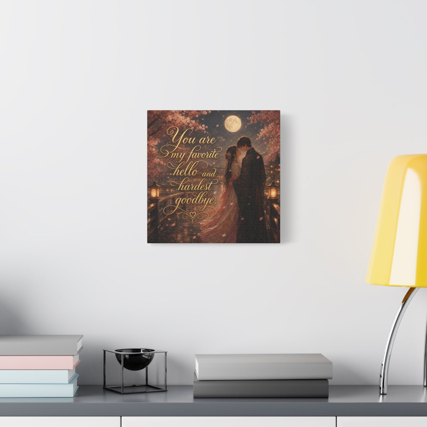 "You Are My Favorite Hello And Hardest Goodbye" Romantic Canvas Wall Art - Moonlit Cherry Blossom Couple, Gold Script Quote Print - Traditional Love Decor, Bedroom Wall Hanging - Cozy Reading Nook Art