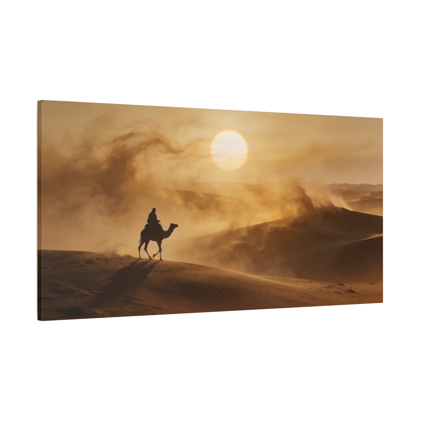 Desert Camel Rider Canvas Wall Art - Golden Sun Sand Dunes Landscape Print - Matte Cotton Artwork, Contemporary Style - Living Room Wall Decor, Bedroom Home Decoration - Bedroom Home Decoration