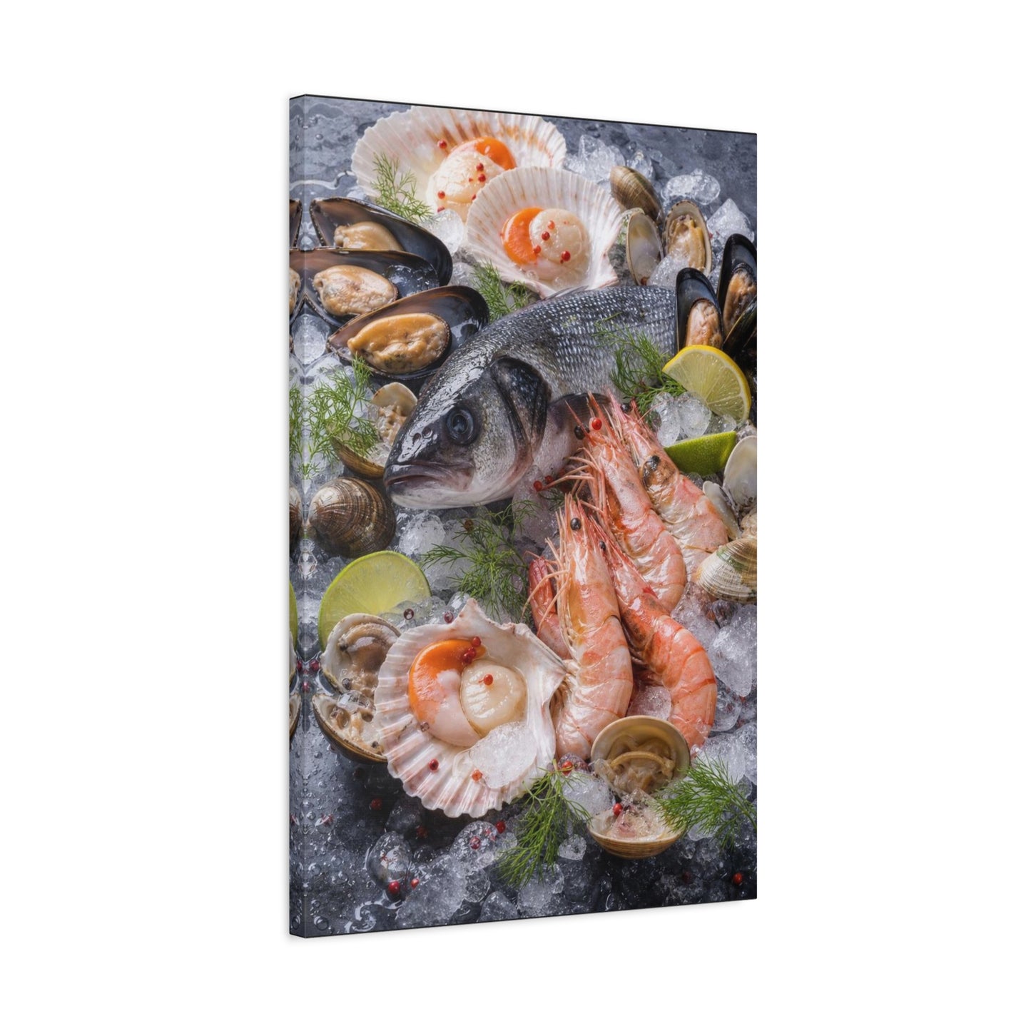 Seafood Still Life Canvas Wall Art - Fish, Shrimp, Scallops On Ice Food Print - Coastal Kitchen Decor, Dining Room Wall Decor, Contemporary Home Decoration, Matte Canvas Print - Modern Farmhouse Style