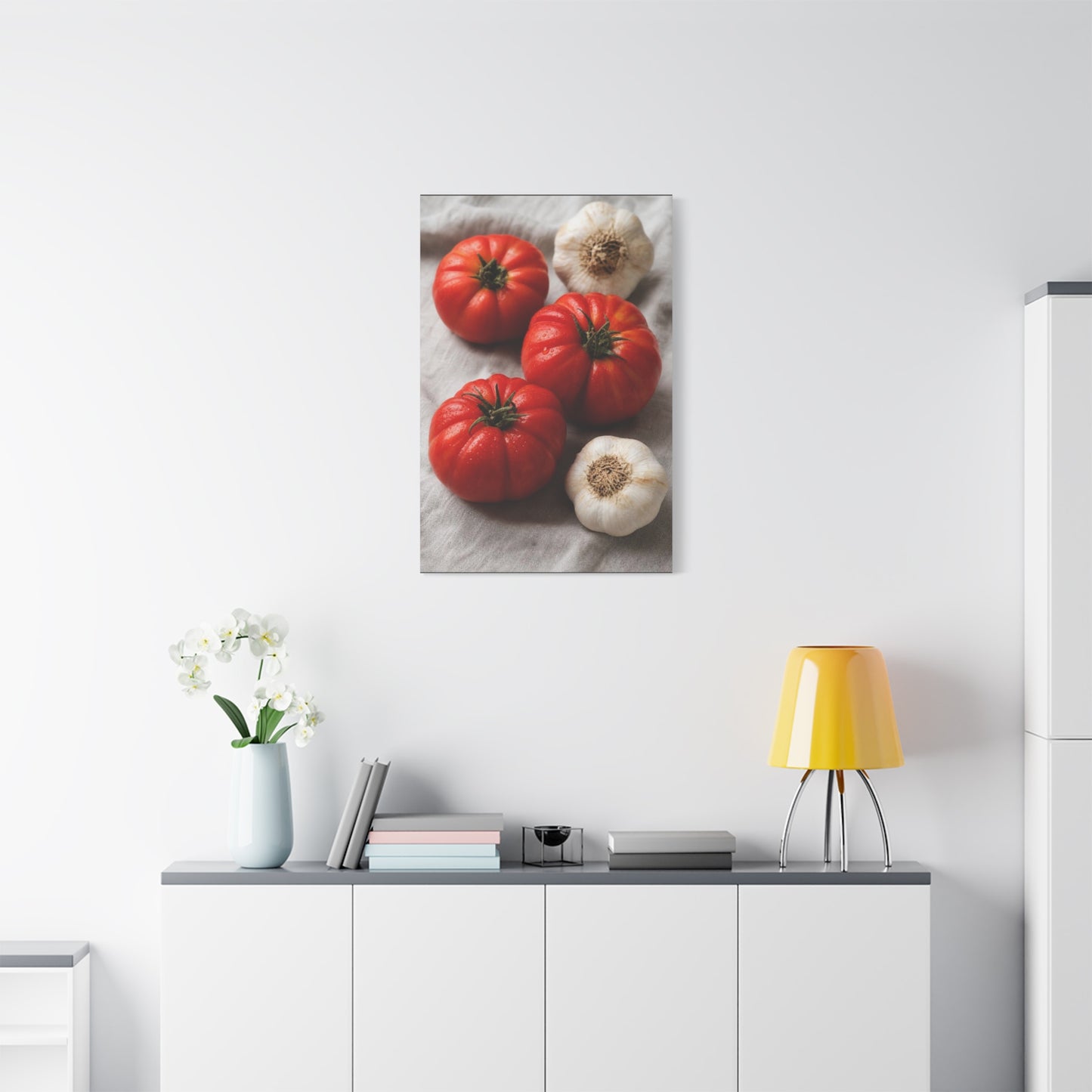 Heirloom Tomato Still Life Canvas Wall Art - Garlic Kitchen Food Art Print - Rustic Matte Canvas Decor - Farmhouse Dining Room Accent, Contemporary Culinary Wall Decor - Modern Farmhouse Style