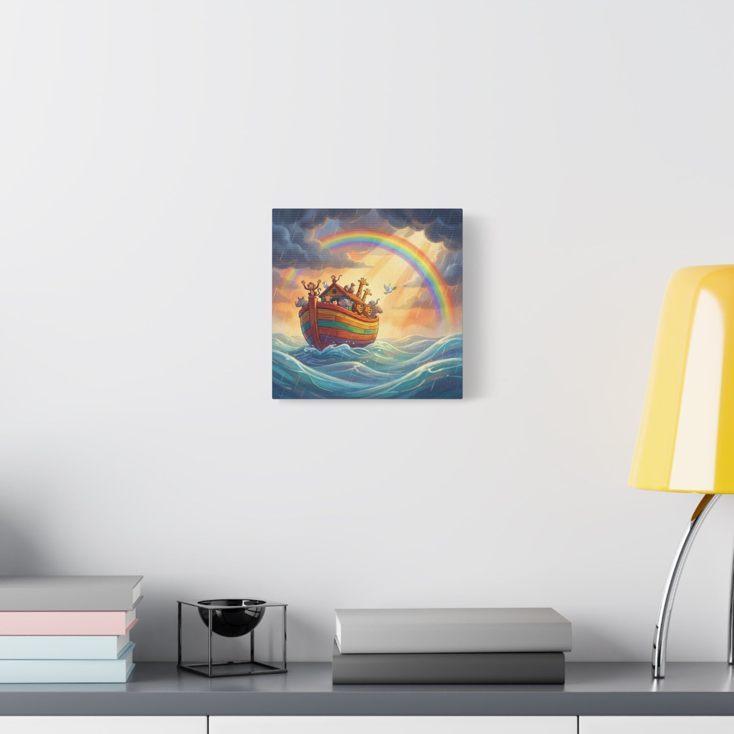 Noahs Ark Canvas Wall Art - Rainbow Animal Boat Nursery Decor - Cotton Canvas Print, Kids Bedroom Home Decoration, Playroom Wall Hanging, Biblical Story Illustration, Classroom Accent - Ready to Hang