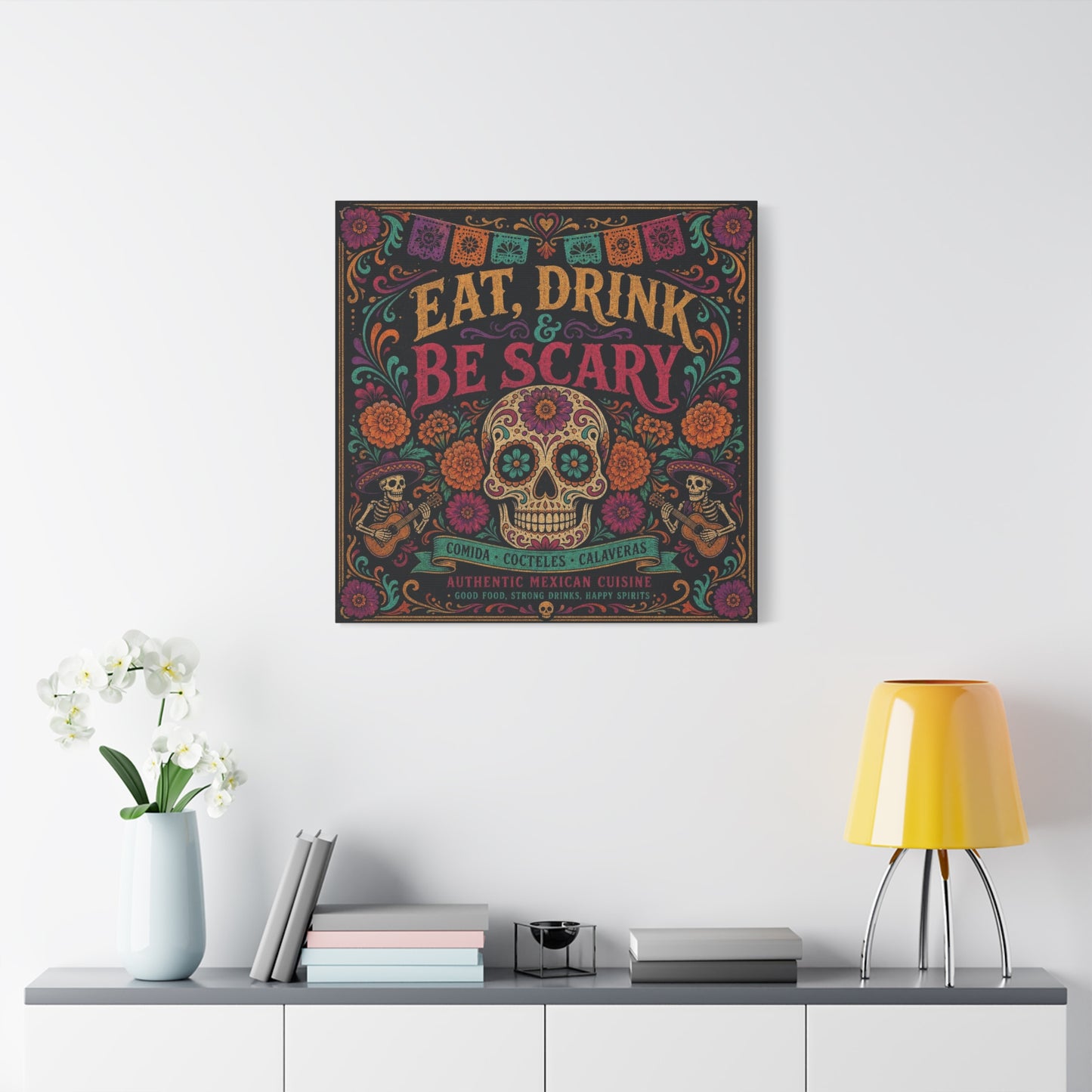 "Eat, Drink Be Scary" Typography Canvas Wall Art - Day Of The Dead Sugar Skull, Floral Folk Illustration - Colorful Mexican Restaurant Decor - Cafe Wall Decor, Bar Accent - Gallery Wrapped Canvas
