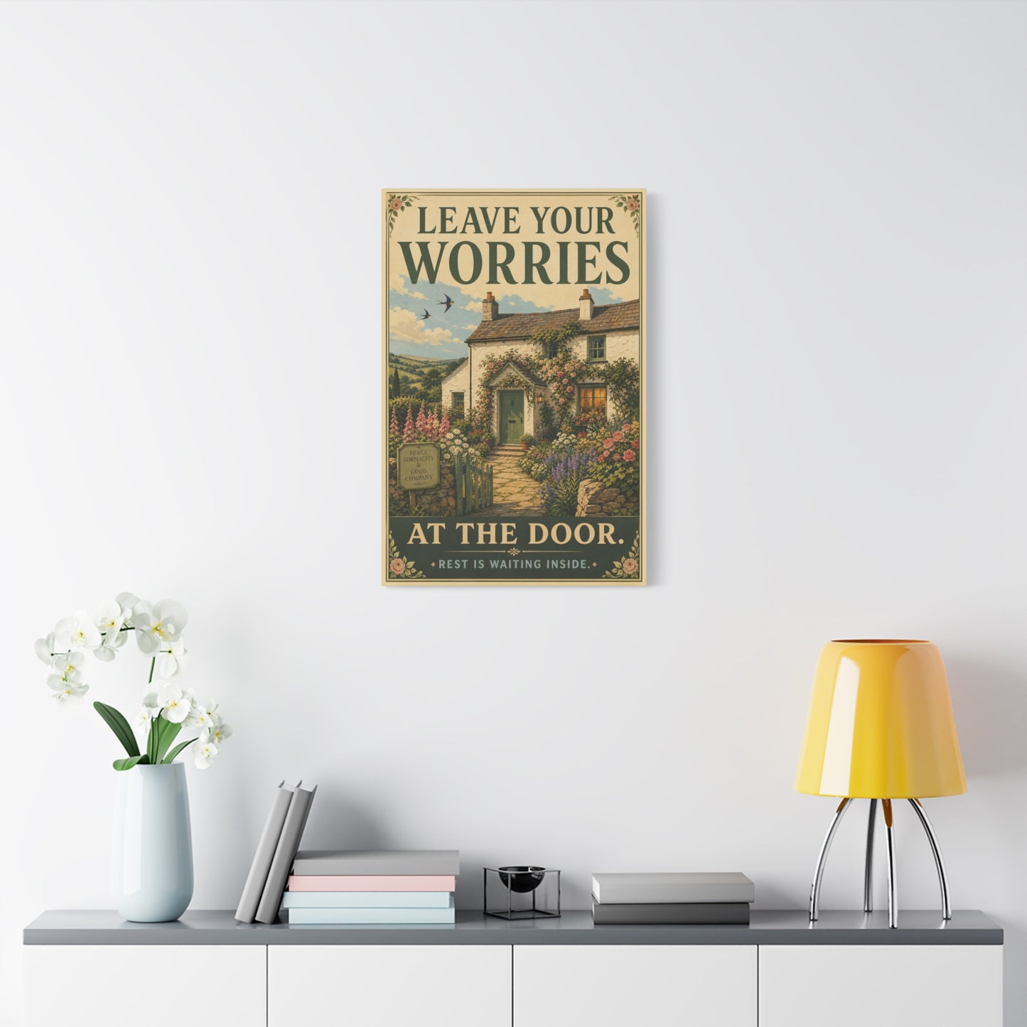 "Leave Your Worries At The Door. Rest Is Waiting Inside." Canvas Wall Art - Vintage Cottage Garden Quote Print, Floral Farmhouse Style, Bedroom Home Decoration, Entryway Decor - Living Room Wall Decor
