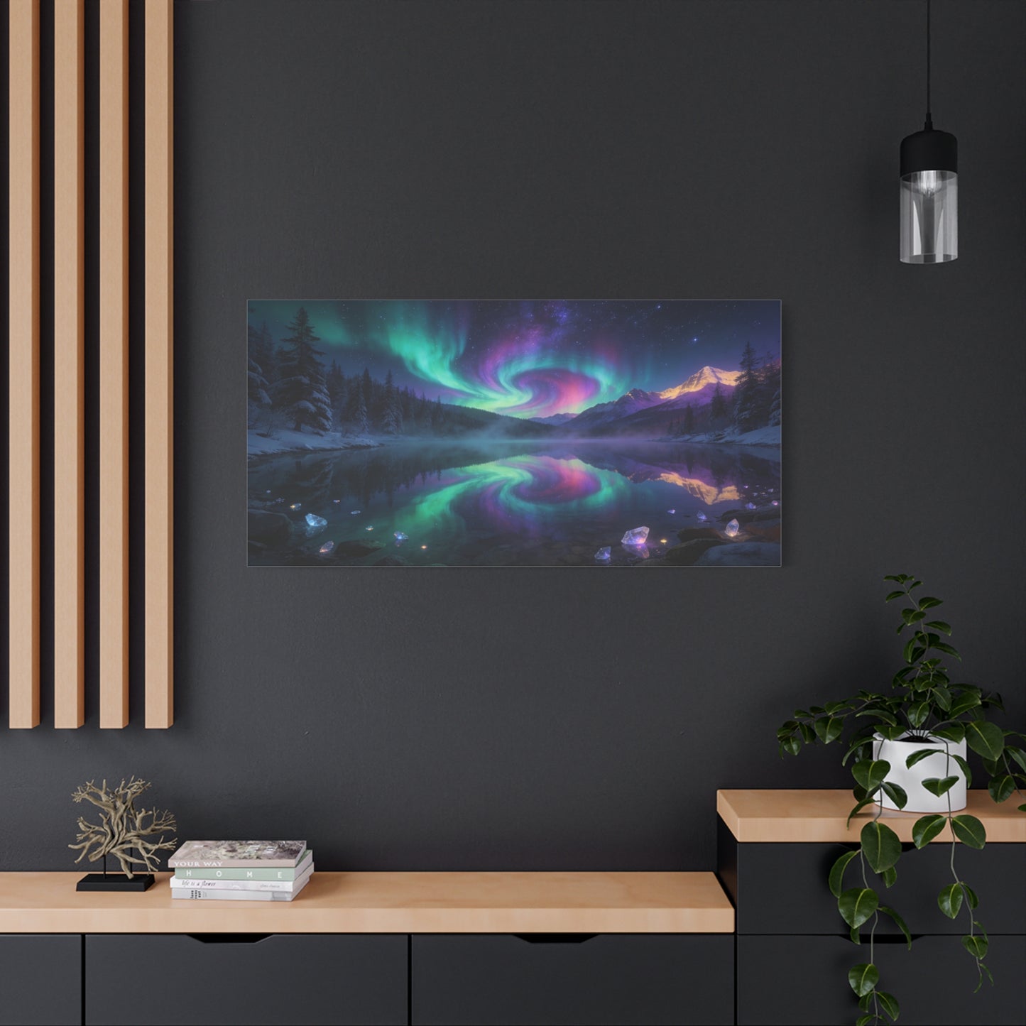 Aurora Borealis Mountain Lake Canvas Wall Art - Northern Lights Night Sky, Snowy Pine Forest Reflection - Dreamy Matte Canvas Print - Bedroom Wall Decor, Living Room Accent - Bedroom Home Decoration