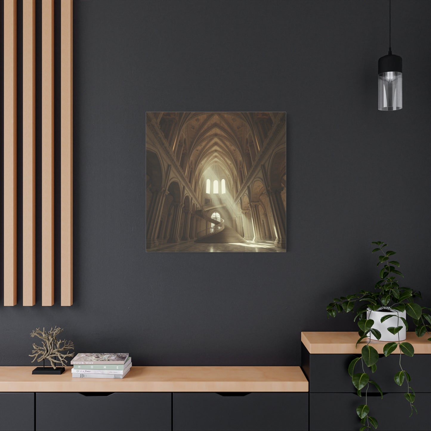Gothic Cathedral Interior Canvas Wall Art - Sunlit Spiral Staircase, Religious Architecture Print - Matte Cotton Canvas - Traditional Style - Living Room Wall Decor, Office Art - Ready to Hang