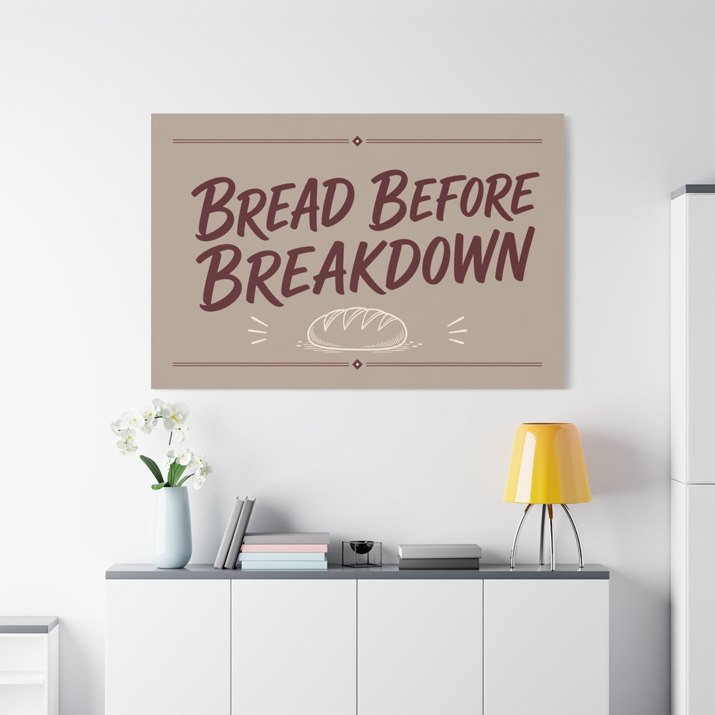 "Bread Before Breakdown" Funny Canvas Wall Art - Bread Loaf Typography Print, Rustic Farmhouse Food Decor - Beige Brown Minimalist Wall Hanging - Ready to Hang - Sandwich Shop Sign - Diner Decor