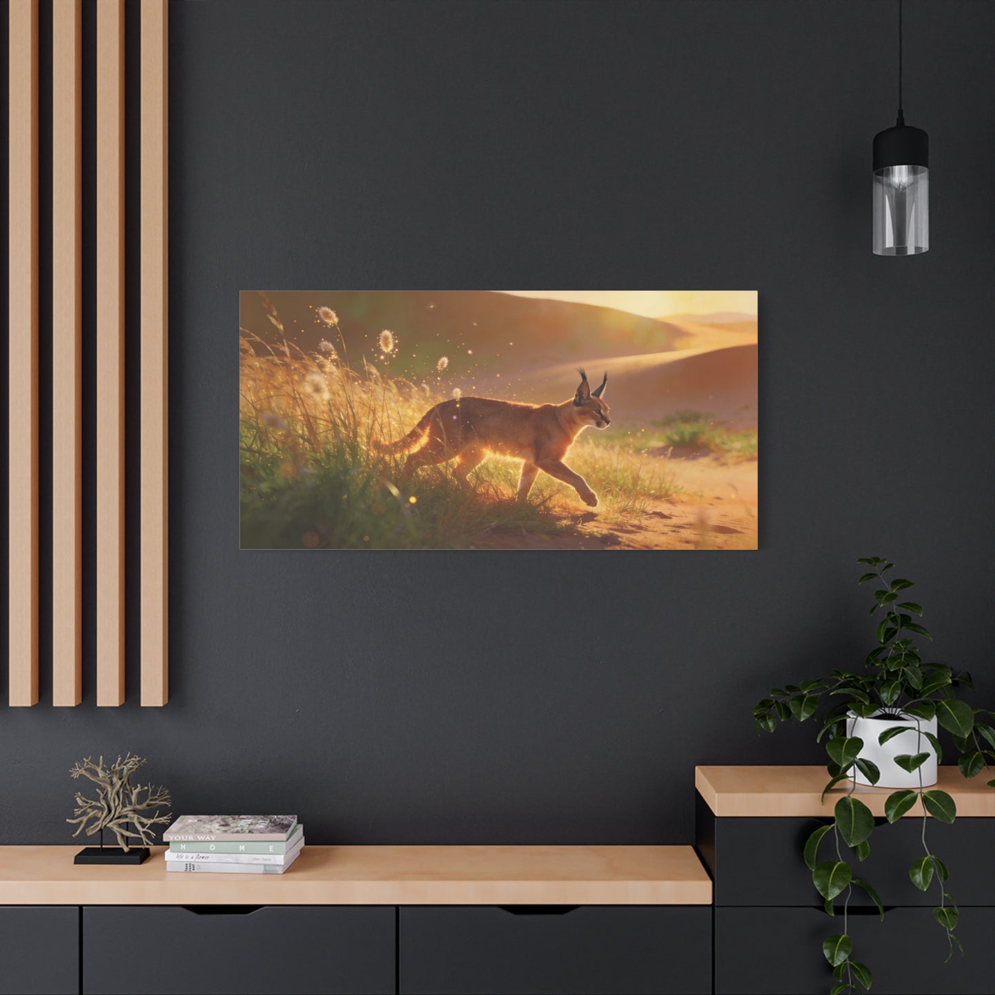 Caracal Canvas Wall Art - Golden Desert Wildlife Scene, Sunlit Grassland Illustration - Matte Cotton Art Print, Contemporary Nature Decor - Living Room Accent, Bedroom Decoration - Ready to Hang