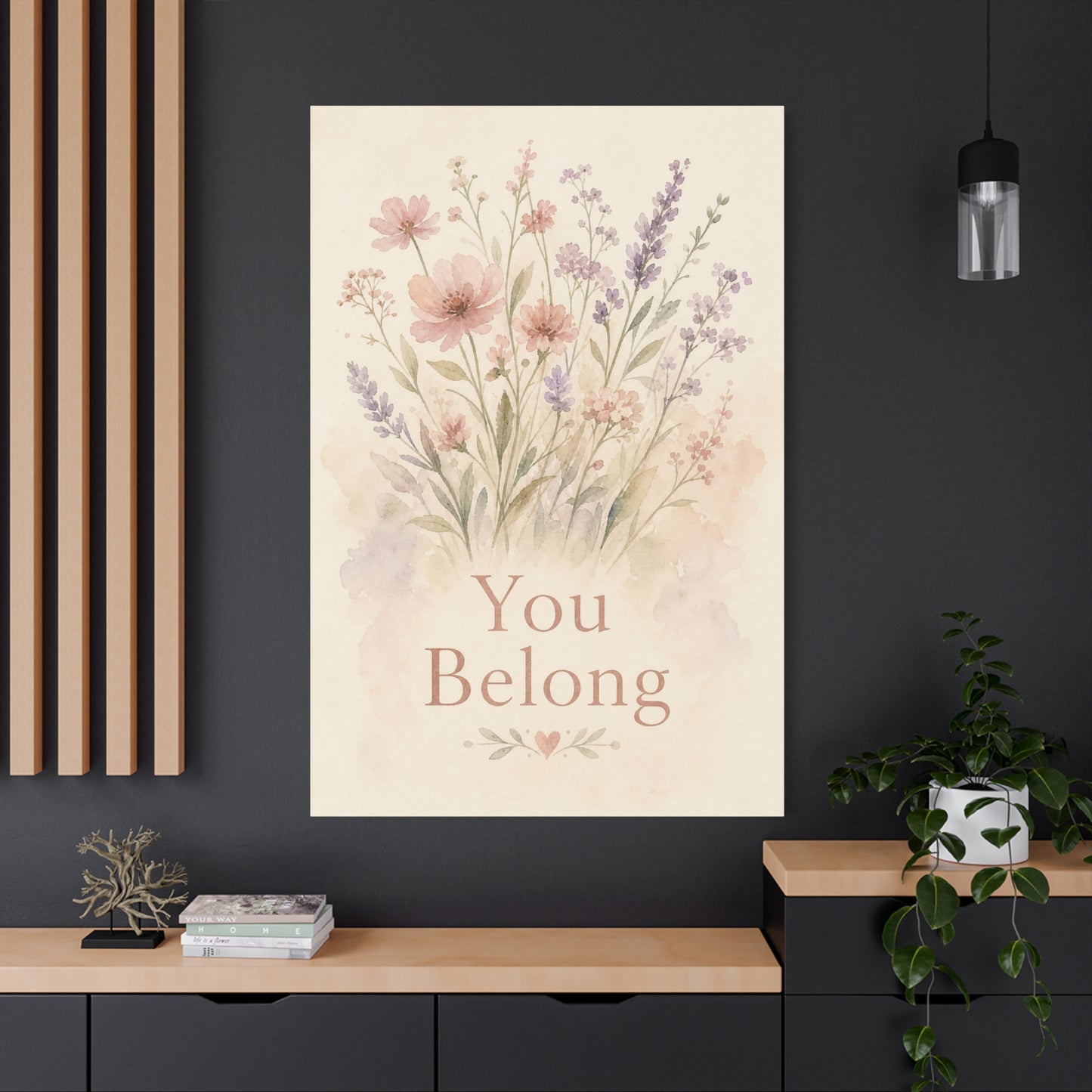 "You Belong" Floral Canvas Wall Art - Watercolor Wildflower Quote Print, Pink Lavender Botanical Decor - Inspirational Bedroom Home Decoration, Nursery Wall Hanging - Bedroom Home Decoration
