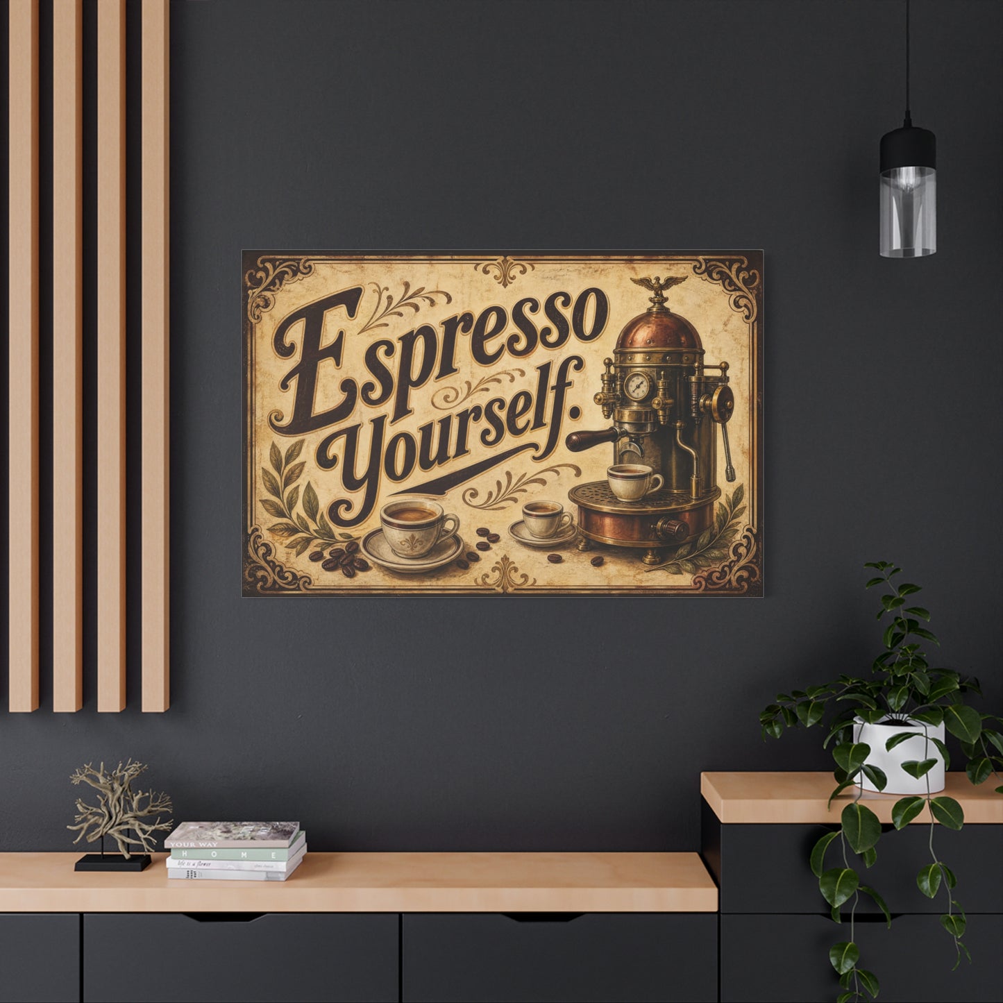 "Espresso Yourself" Coffee Canvas Wall Art - Vintage Espresso Machine Decor - Rustic Cafe Style Matte Print - Ready to Hang - Ready to Hang - Coffee Shop Decor - Cafe Wall Art - Gallery Wrapped Canvas