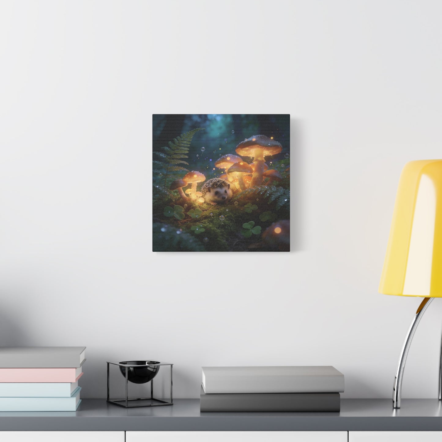 Hedgehog Mushroom Canvas Wall Art - Glowing Forest Fantasy Animal Print - Matte Cotton Art Print, Whimsical Woodland Style - Bedroom Wall Decor, Nursery Home Decoration Accent - Modern Farmhouse Style