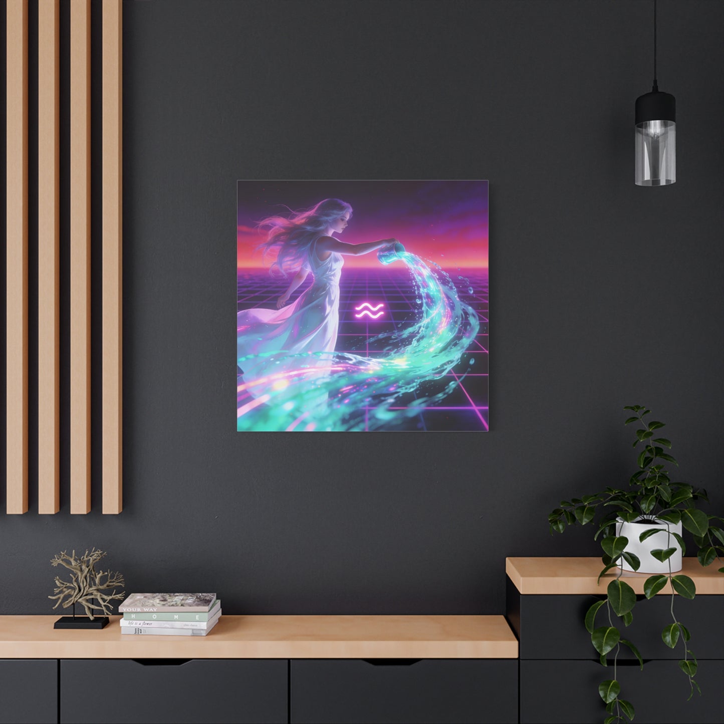 Aquarius Woman Canvas Wall Art - Neon Water Bearer Zodiac Illustration, Retro Synthwave Aesthetic - Matte Canvas Print - Bedroom Wall Decor, Home Office Accent, Mystical Decor - Modern Farmhouse Style
