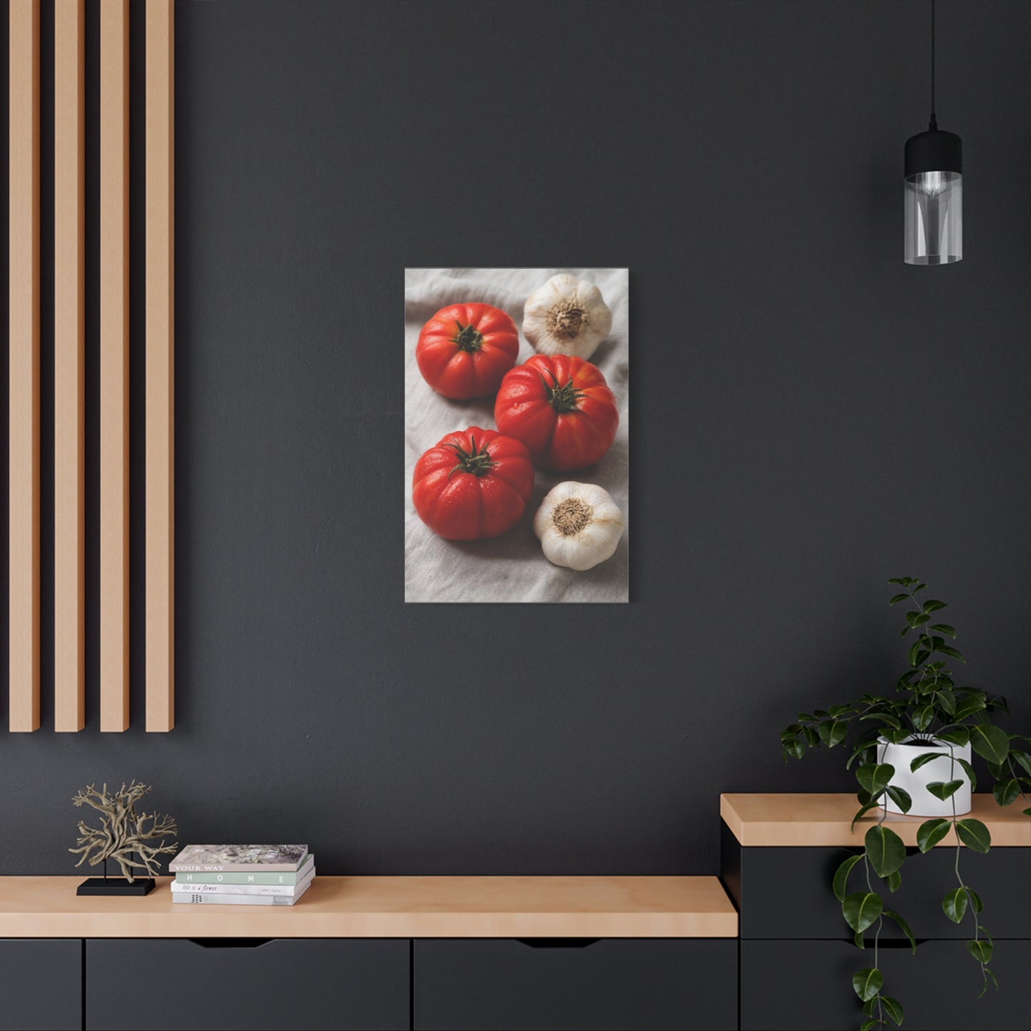 Heirloom Tomato Still Life Canvas Wall Art - Garlic Kitchen Food Art Print - Rustic Matte Canvas Decor - Farmhouse Dining Room Accent, Contemporary Culinary Wall Decor - Modern Farmhouse Style