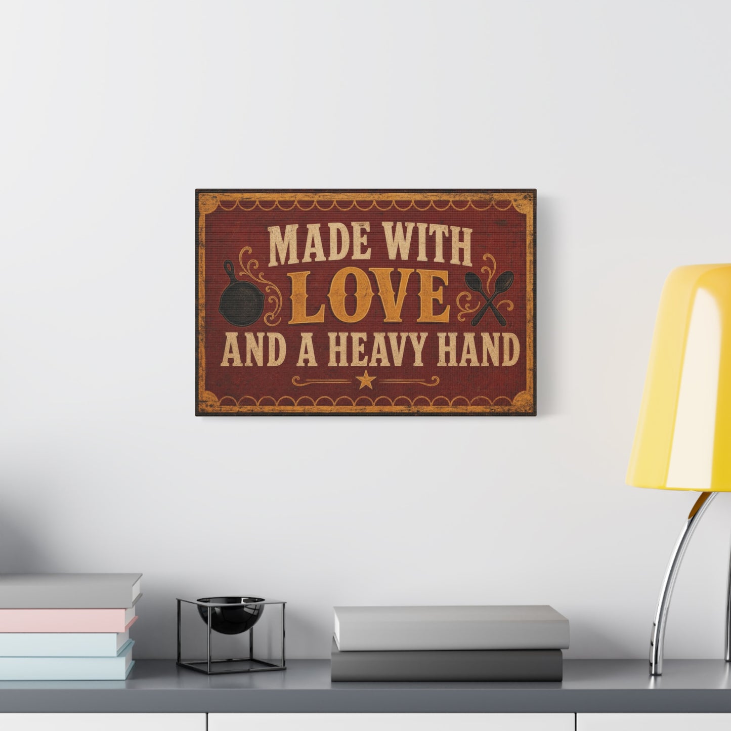 "Made With Love And A Heavy Hand" Kitchen Canvas Wall Art - Rustic Vintage Typography Print, Farmhouse Cooking Decor, Dining Room Wall Decor, Country Home Decoration - Ready to Hang - Ready to Hang
