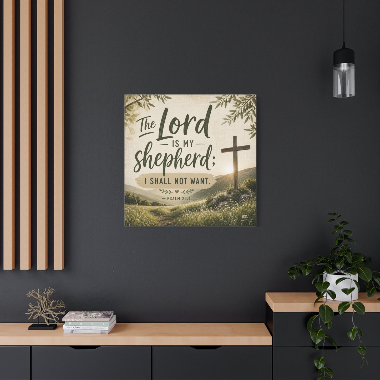 "The Lord Is My Shepherd, I Shall Not Want. - Psalm 23:1" Christian Canvas Wall Art - Rustic Cross Meadow Landscape, Farmhouse Scripture Decor, Bedroom Living Room Wall Hanging - Ready to Hang