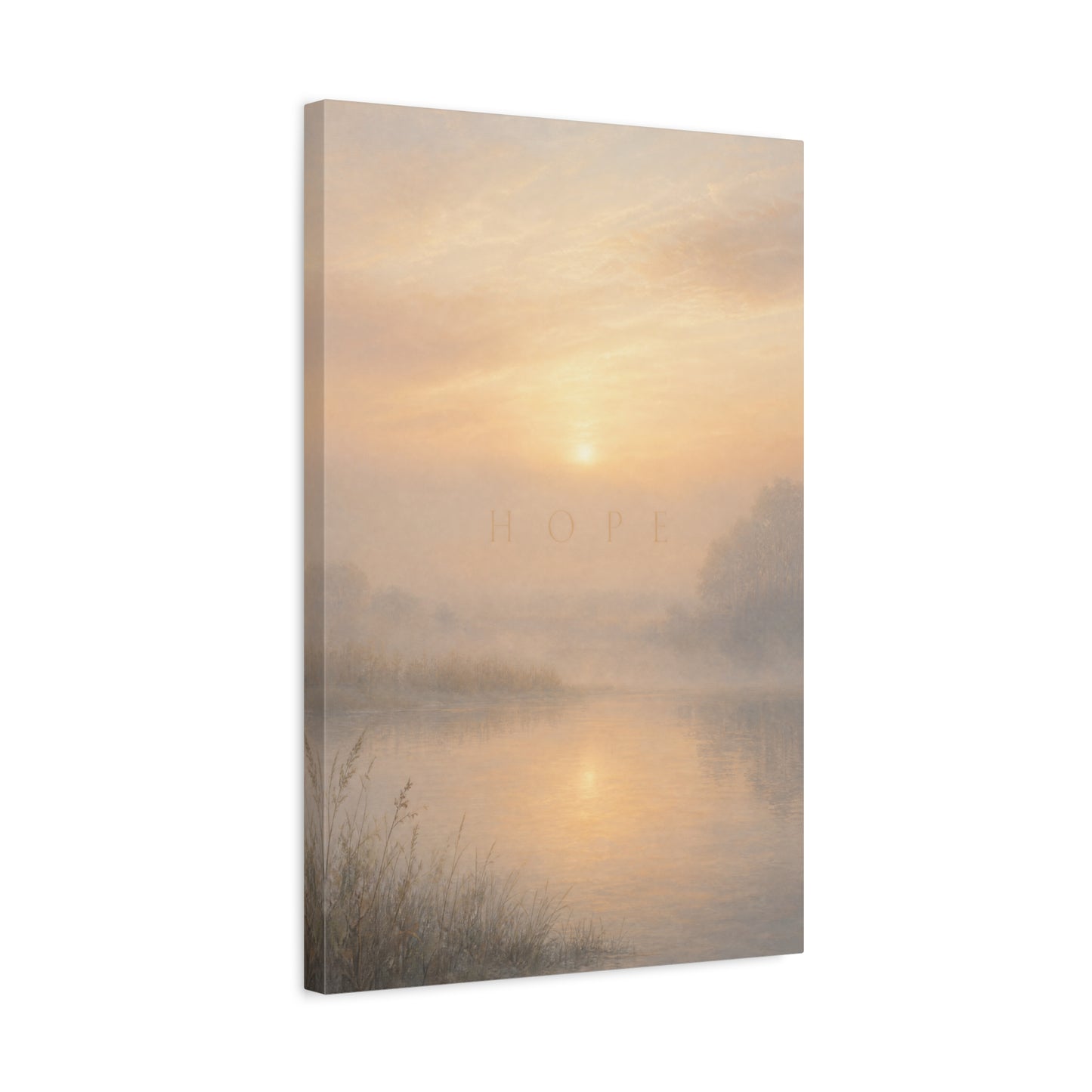 "Hope" Misty Sunrise Lake Canvas Wall Art - Serene Landscape Print, Inspirational Bedroom Wall Decor, Soft Neutral Home Decoration, Contemporary Meditation Space Accent - Bedroom Home Decoration