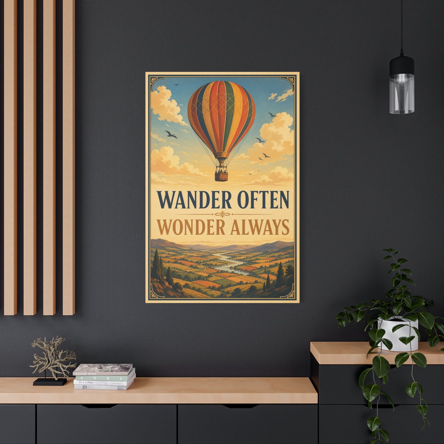 "Wander Often Wonder Always" Hot Air Balloon Canvas Wall Art - Vintage Travel Landscape Quote Print, Retro Sky Poster Style, Living Room Wall Decor - Ready to Hang - Bedroom Home Decoration