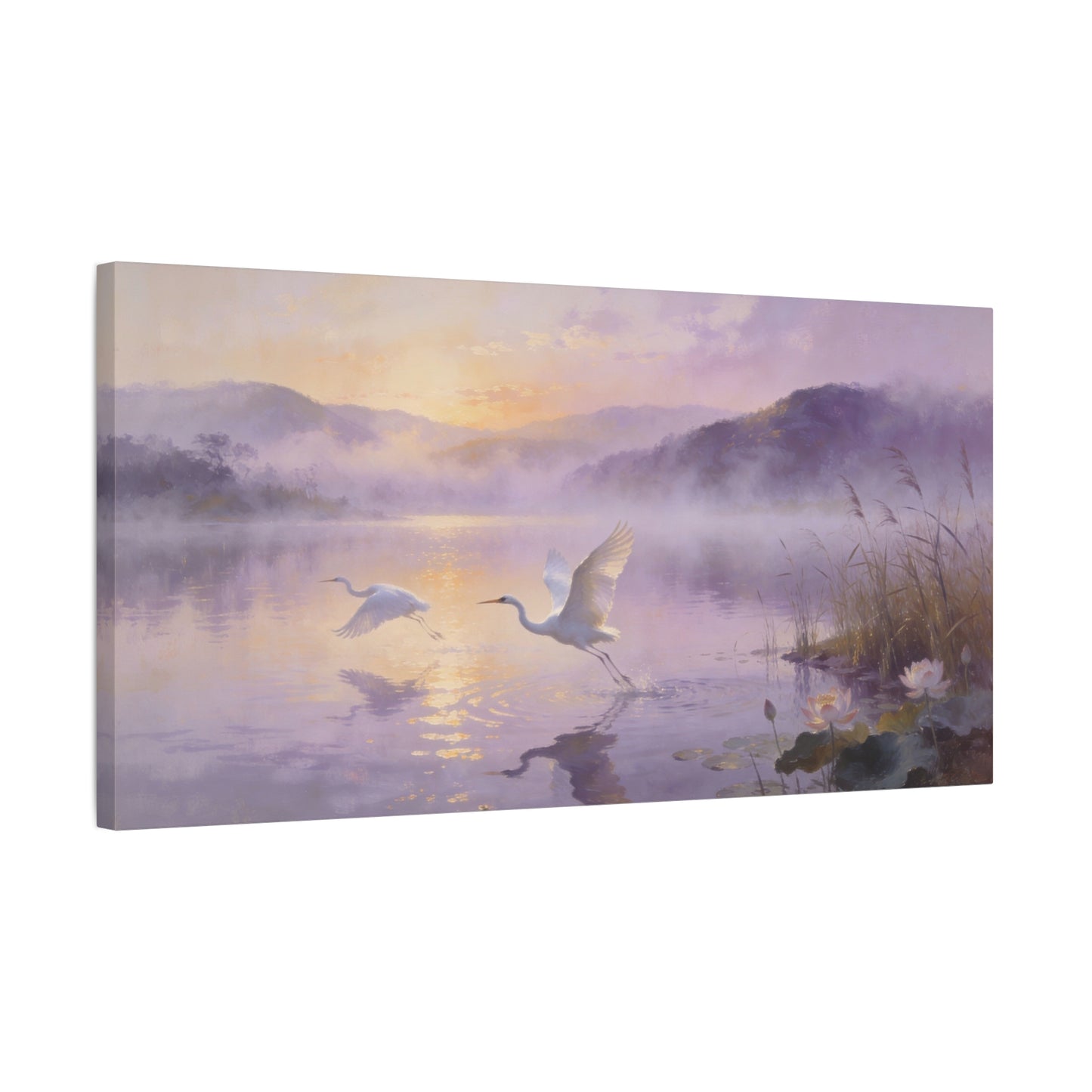White Egret Canvas Wall Art - Misty Lake Sunrise Birds, Lotus Water Scene - Serene Impressionist Canvas Print - Bedroom Wall Decor, Living Room Home Decoration - Bedroom Home Decoration
