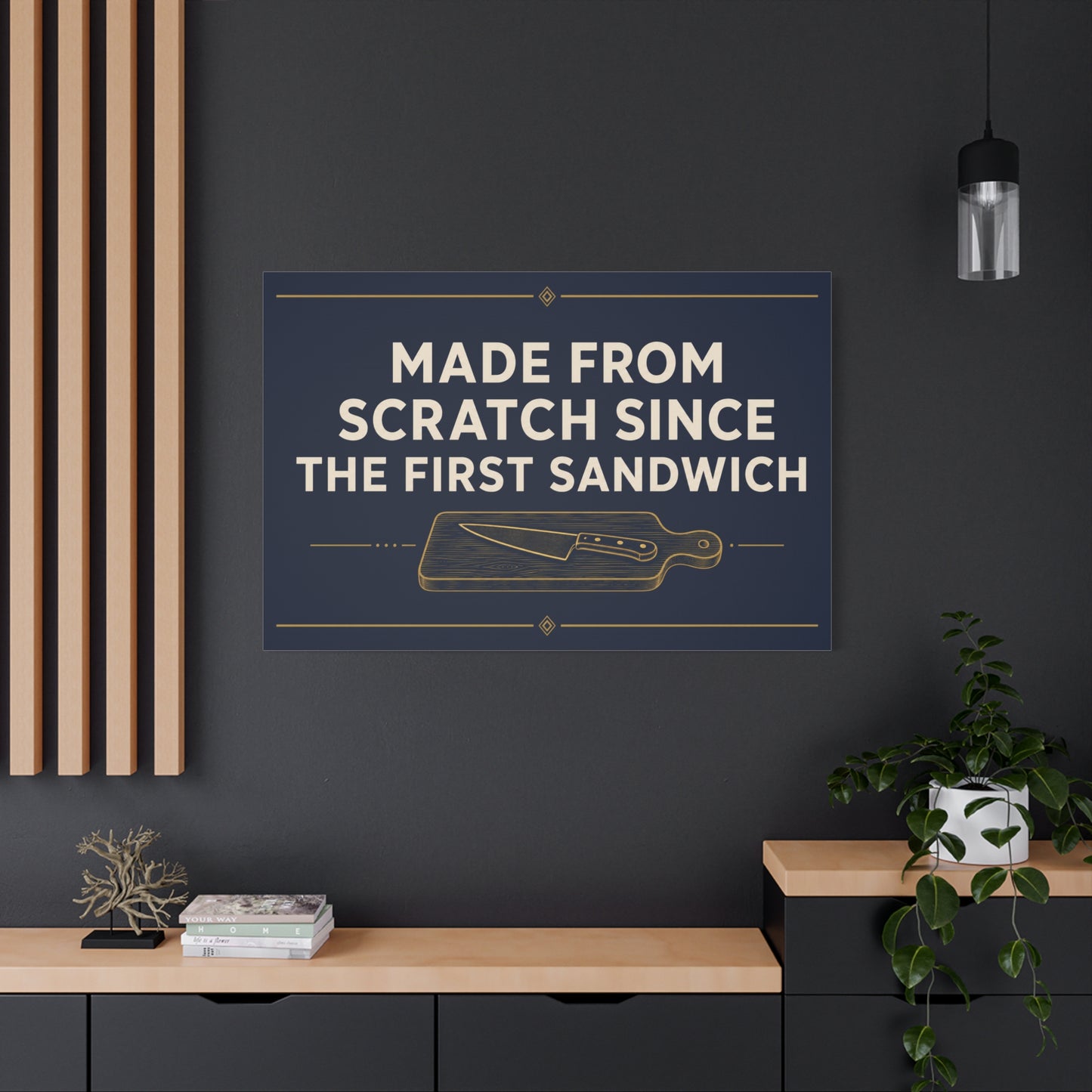 "Made From Scratch Since The First Sandwich" Canvas Wall Art - Quote Print, Navy And Gold Typography, Cutting Board Knife Illustration, Farmhouse Decor - Deli Wall Decor - Sandwich Shop Sign