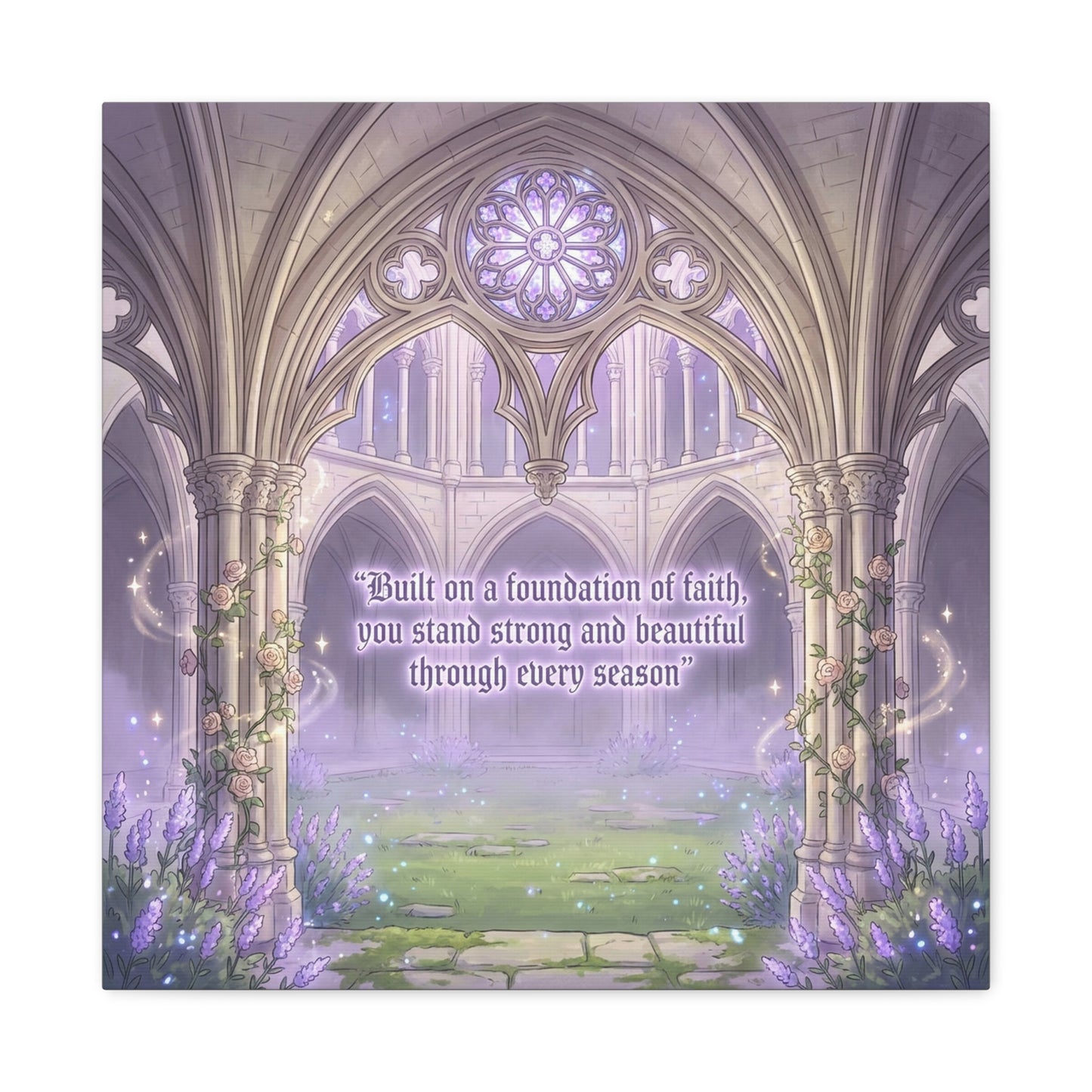 "Built On A Foundation Of Faith, You Stand Strong And Beautiful Through Every Season" Canvas Wall Art - Gothic Cathedral Arch Quote Print - Lavender Floral Decor For Bedroom Living Room