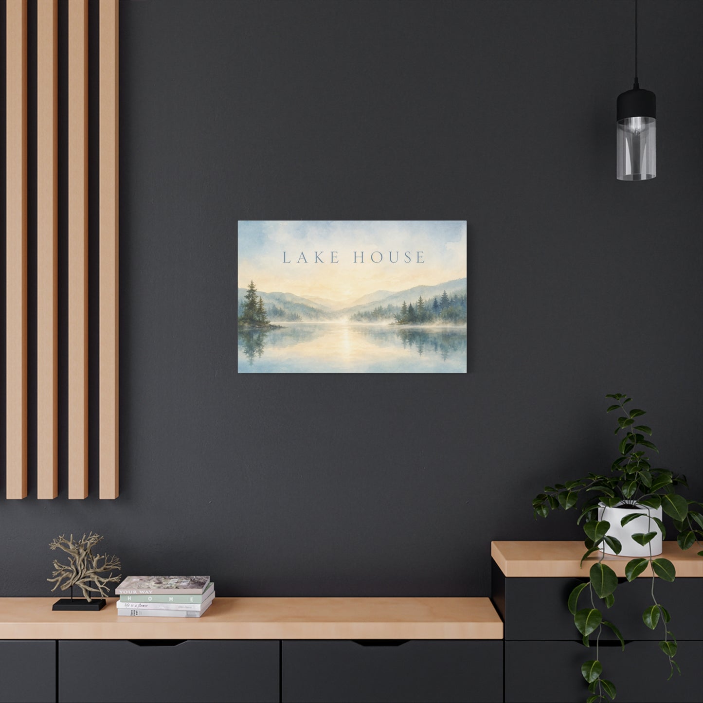 "Lake House" Canvas Wall Art - Misty Mountain Watercolor Landscape Print, Serene Cabin Decor, Rustic Retreat Wall Hanging, Bedroom Home Decoration, Entryway Accent, Vacation Rental Style