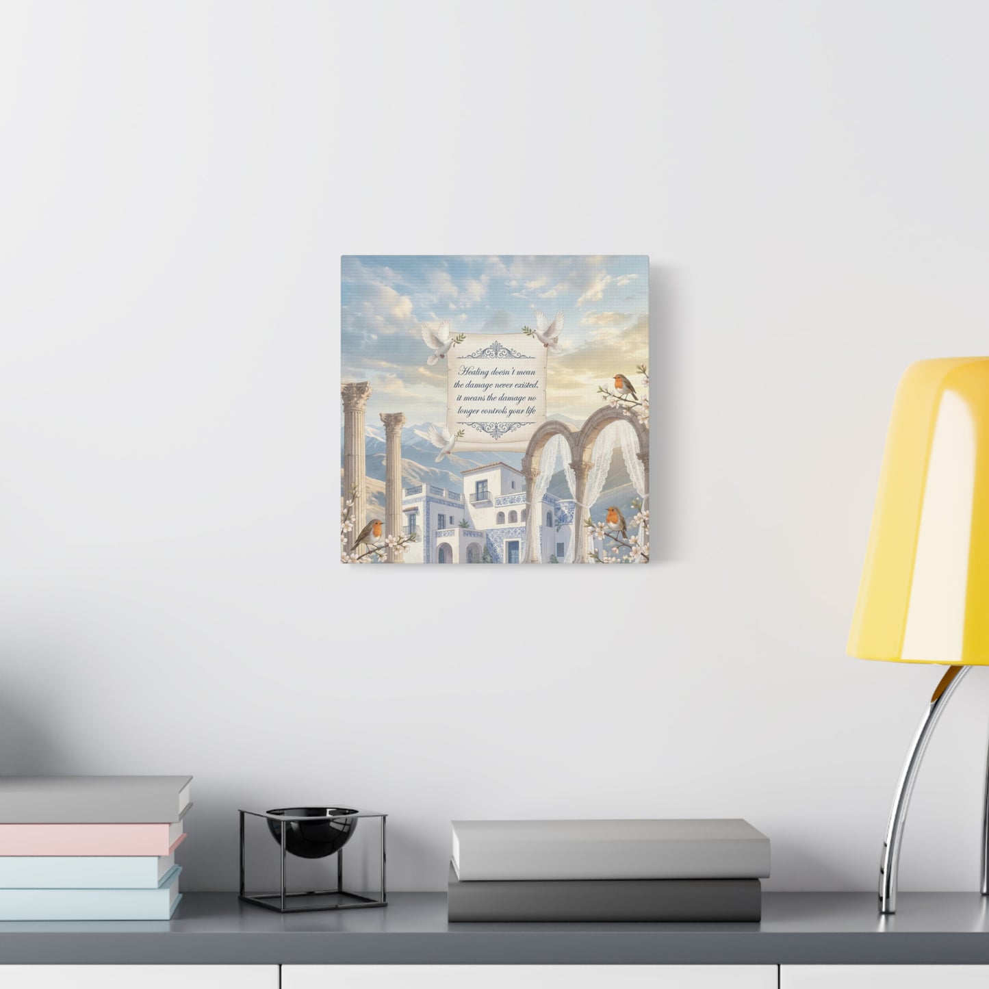 "The Damage No Longer Controls Your Life" Inspirational Canvas Wall Art - Doves, Robins, Classical Arches, Mountain Villa Quote Print - Matte Finish Canvas - Bedroom Home Decoration, Meditation Space